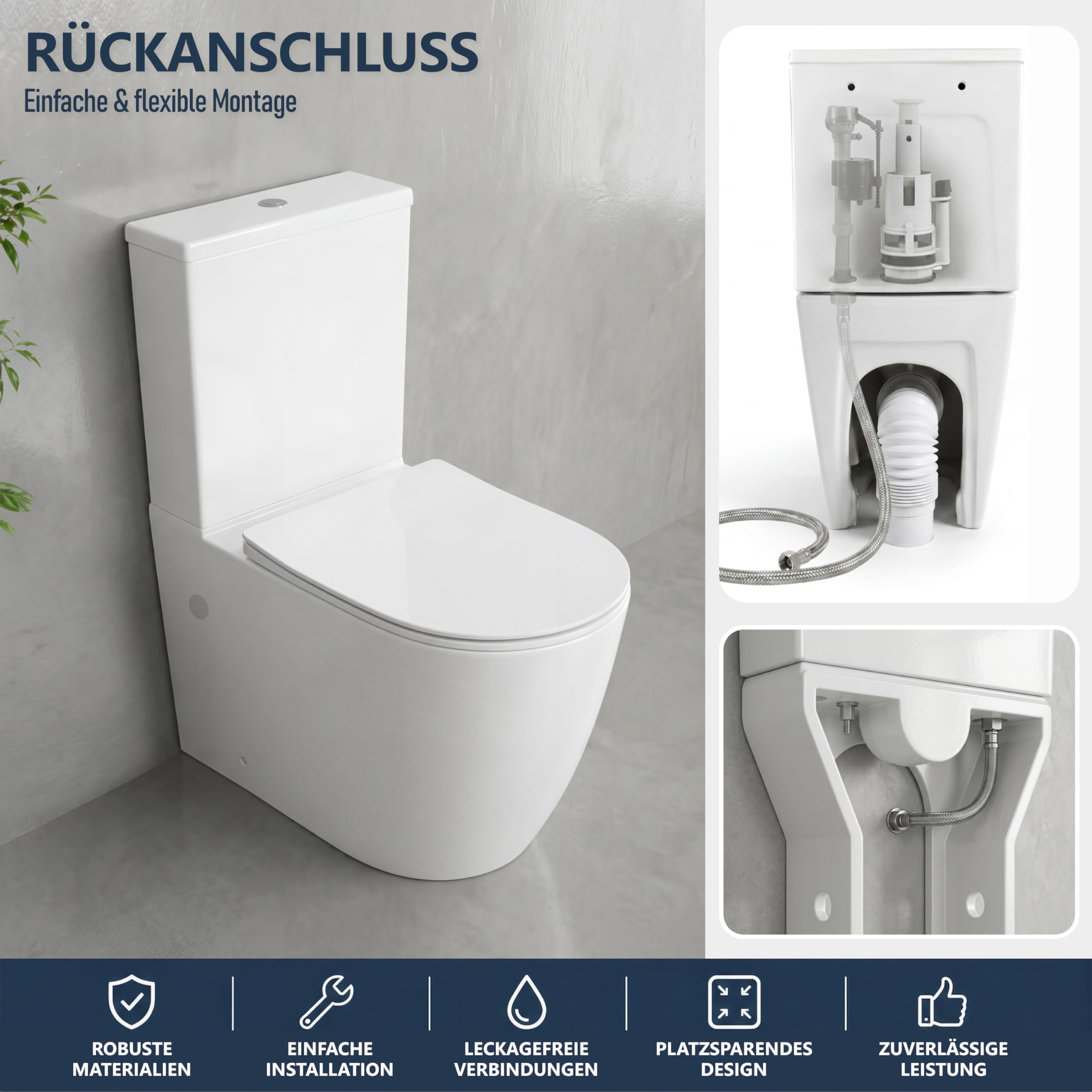 LAVITA WC monoblocco con cassetta di scarico integrata RUNSON WHITE | Set completo | Coperchio WC con chiusura ammortizzata | WC in ceramica senza brida | Vaso WC | Sistema di scarico TORNADO