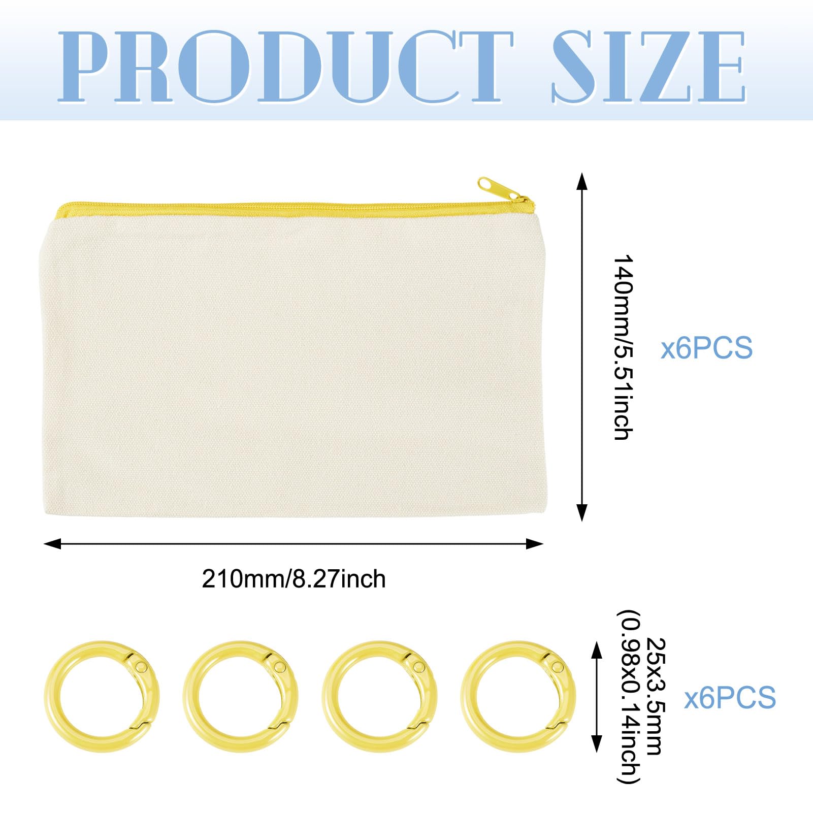 Bestewelry 6 pcs Canvas Bags for Craft Toiletry Bags Blank Canvas Makeup Bags Pencil Cases with Rings for Students School Storage Women Travel Makeup Organizer, Yellow - Image 3