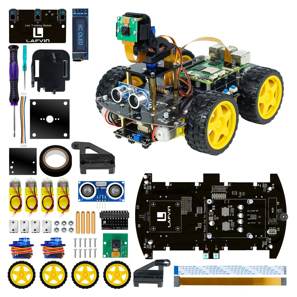 LAFVIN Kit de voiture intelligente 4WD pour Raspberry Pi 5/4B/3B+/3B/2B/1B+ avec tutoriel, robot intelligent multifonction avec appareil photo (Raspberry Pi non inclus)