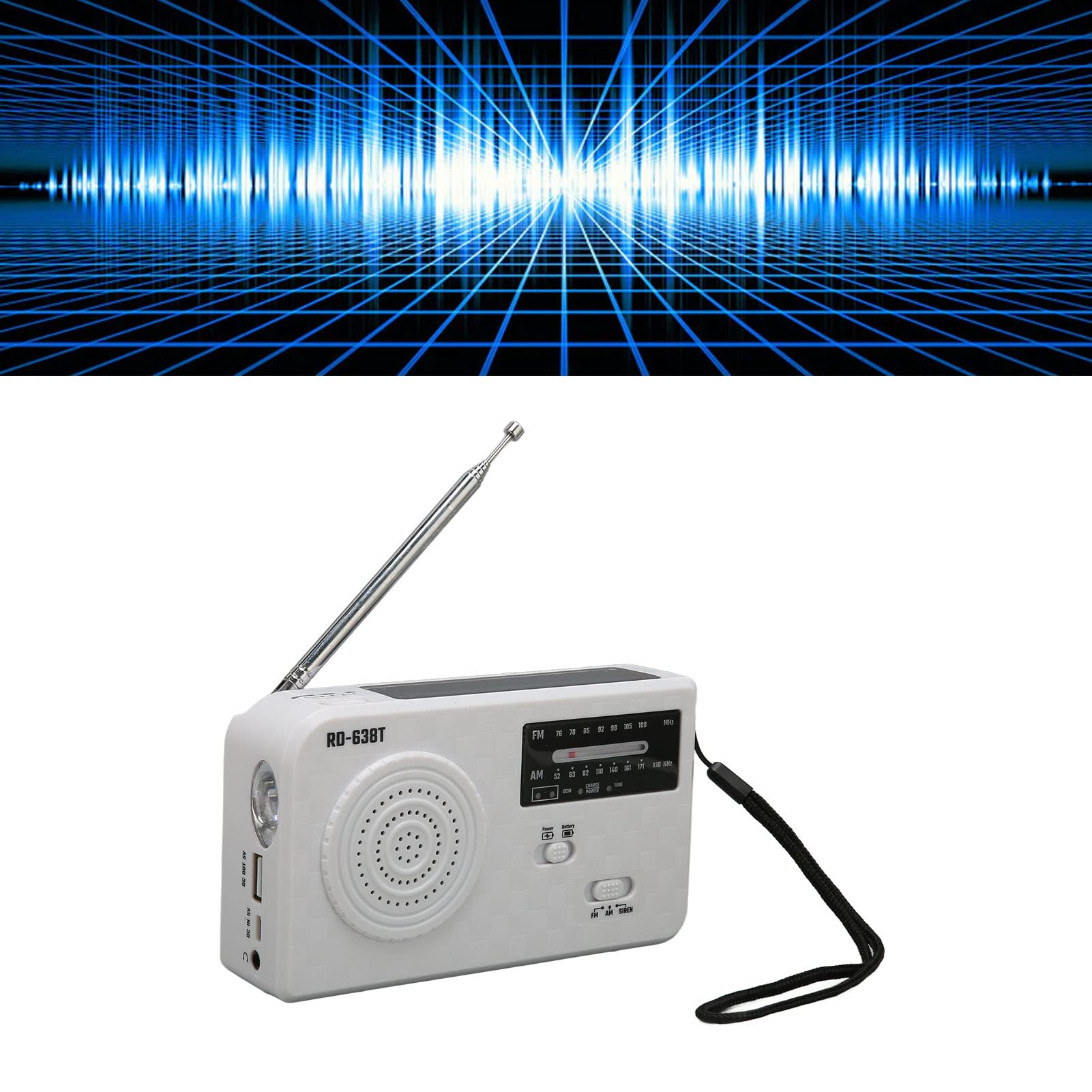 Radio di emergenza a manovella, radio FM AM portatile a energia solare con torcia LED SOS allarme, batteria ricaricabile, telefono cellulare, emergenza interna ed esterna (bianco)