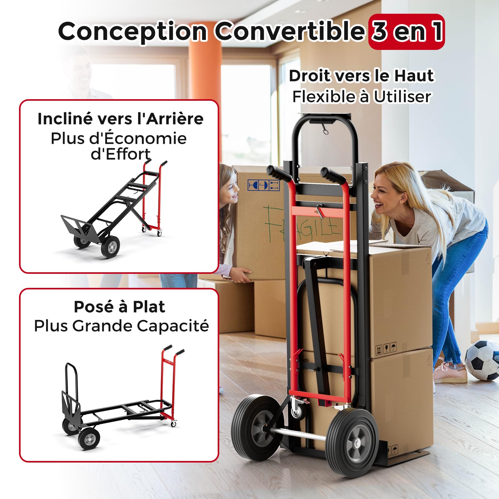 COSTWAY Diable Pliant en Métal 3 en 1 avec 4 Roues en Caoutchouc, Chariot de Transport Industriel Robuste Capacité 450 Kg, Diable Convertible pour Déménagement Entrepôt Maison, Noir+Rouge
