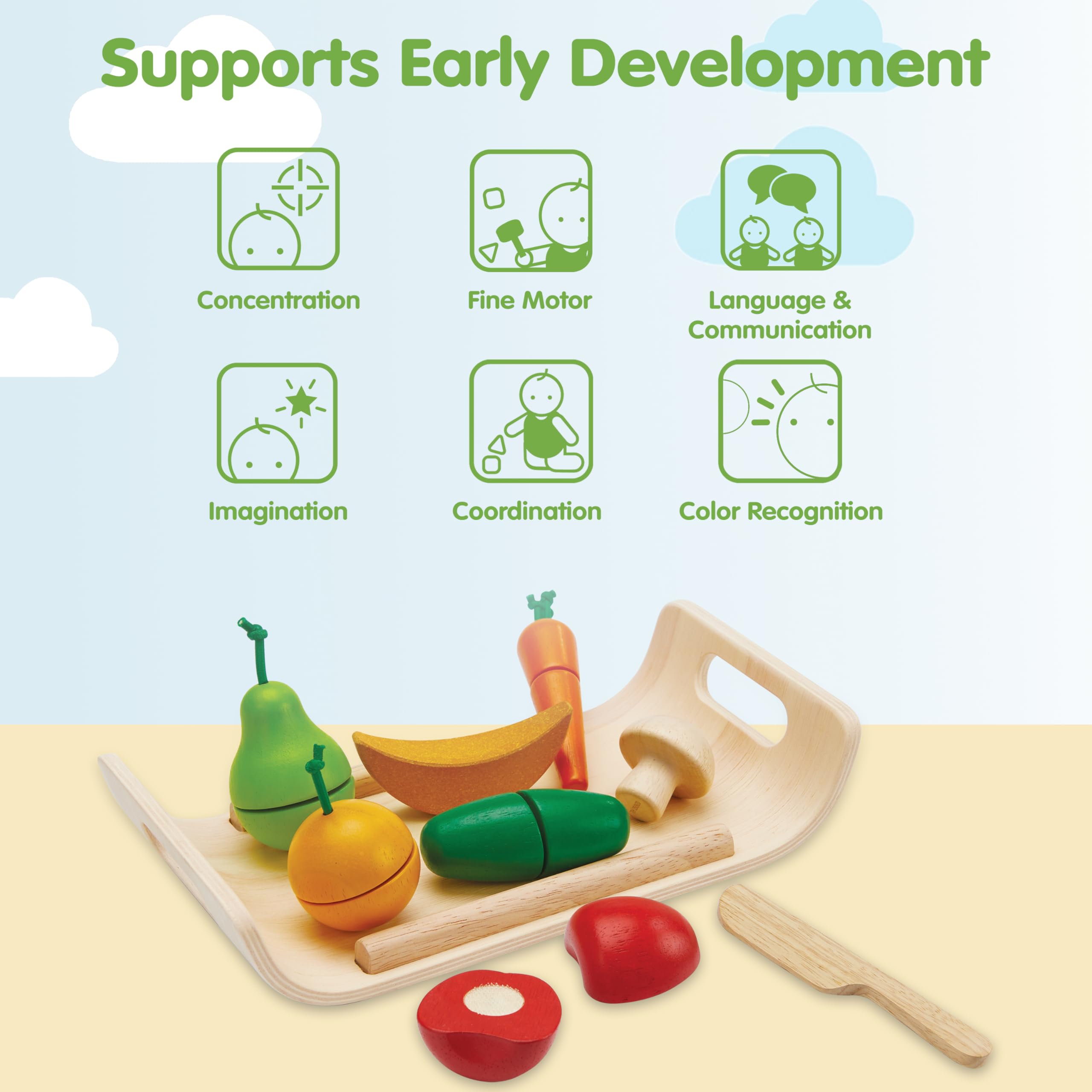 PlanToys Frutas y Verduras - Set de 10 Piezas de Madera para Cocina Infantil - Frutas Cortables con Sistema de Velcro - Juguete de Madera