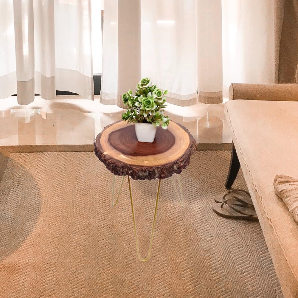 Unique home Beautiful Natural Wooden Slice End Table Corner Plant Stand | Small Side Table | Foldable Stool for Living Room Bedroom Decor (30 x 30 x 33 cm) Golden Metal Hairpin Legs (B0CT3VKQD3) Amazon Price History, Amazon Price Tracker