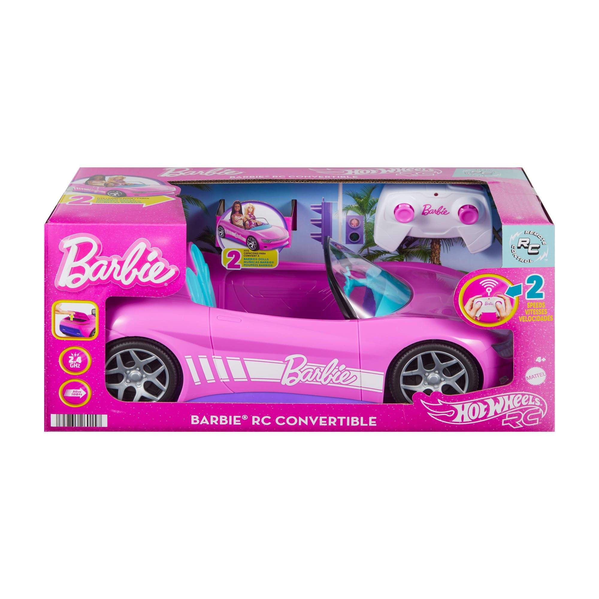 Hot Wheels Barbie - Cabrio RC, auto rosa telecomandata con sticker adesivi inclusi, posti per due bambole e bagagliaio apribile, giocattolo per bambini, 4+ anni, JBH05