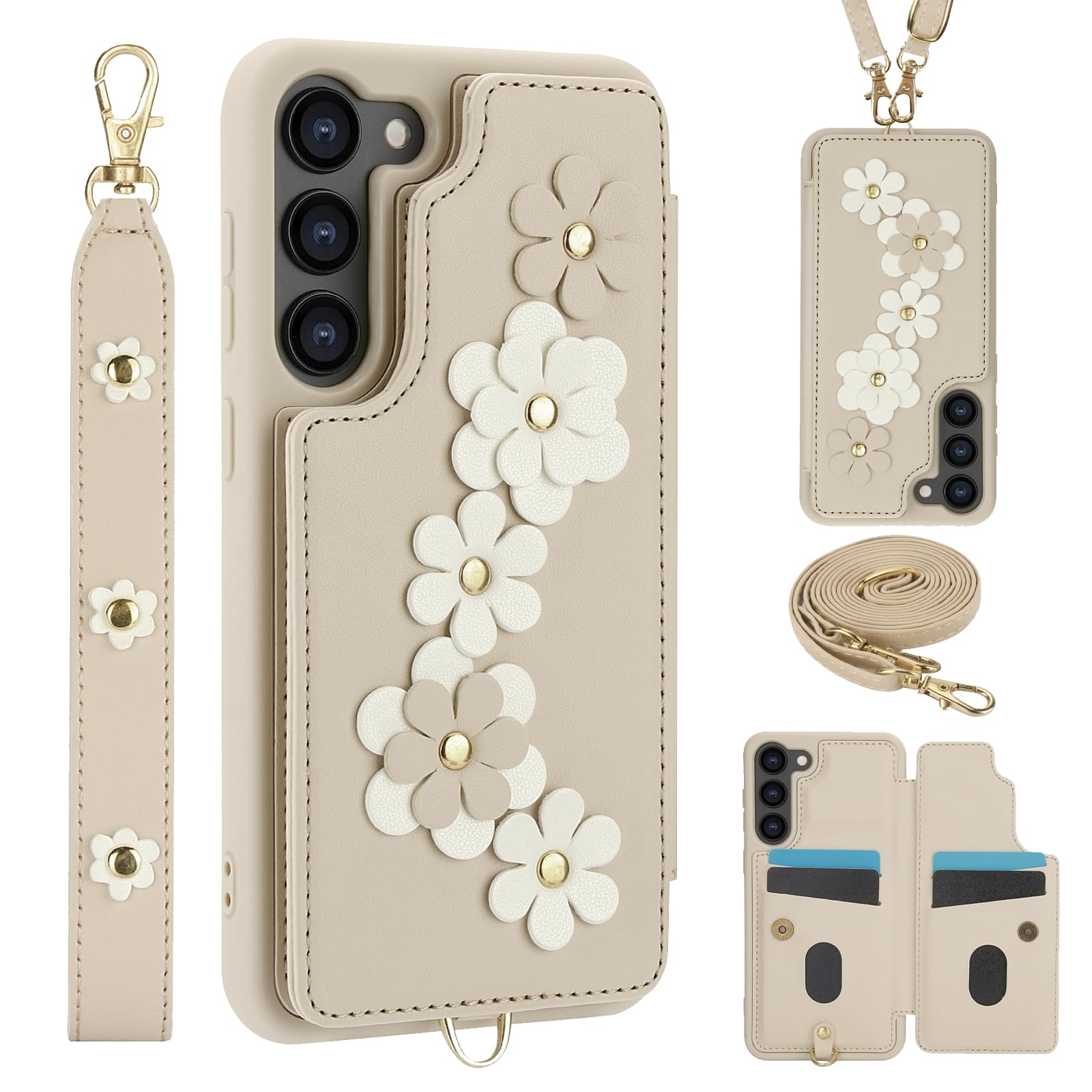 Kimiyaki for Samsung Galaxy S25 Plus Case with Wallet, Magnetic Snap Flip Leather Cover with Flower Design Credit Card Holder Stand Wristband，Samsung