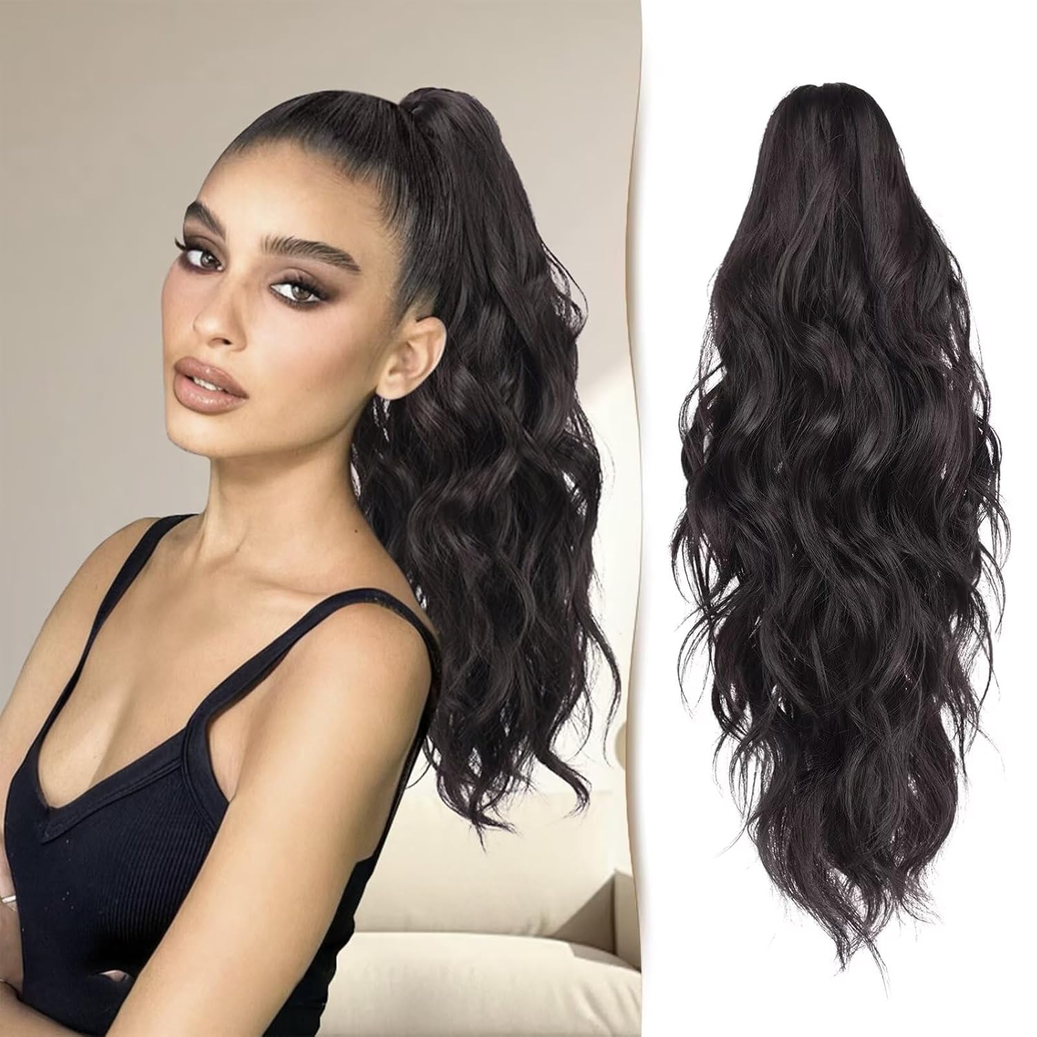18″ Claw Clip in Hair Extensions Ponytail Wig Curly Pony Tails Long Wavy Straight Pony Tail Synthetic Jaw Clip on Ponytails Fake Hair Hairpiece for Women – Natural Black Ponytail Extension