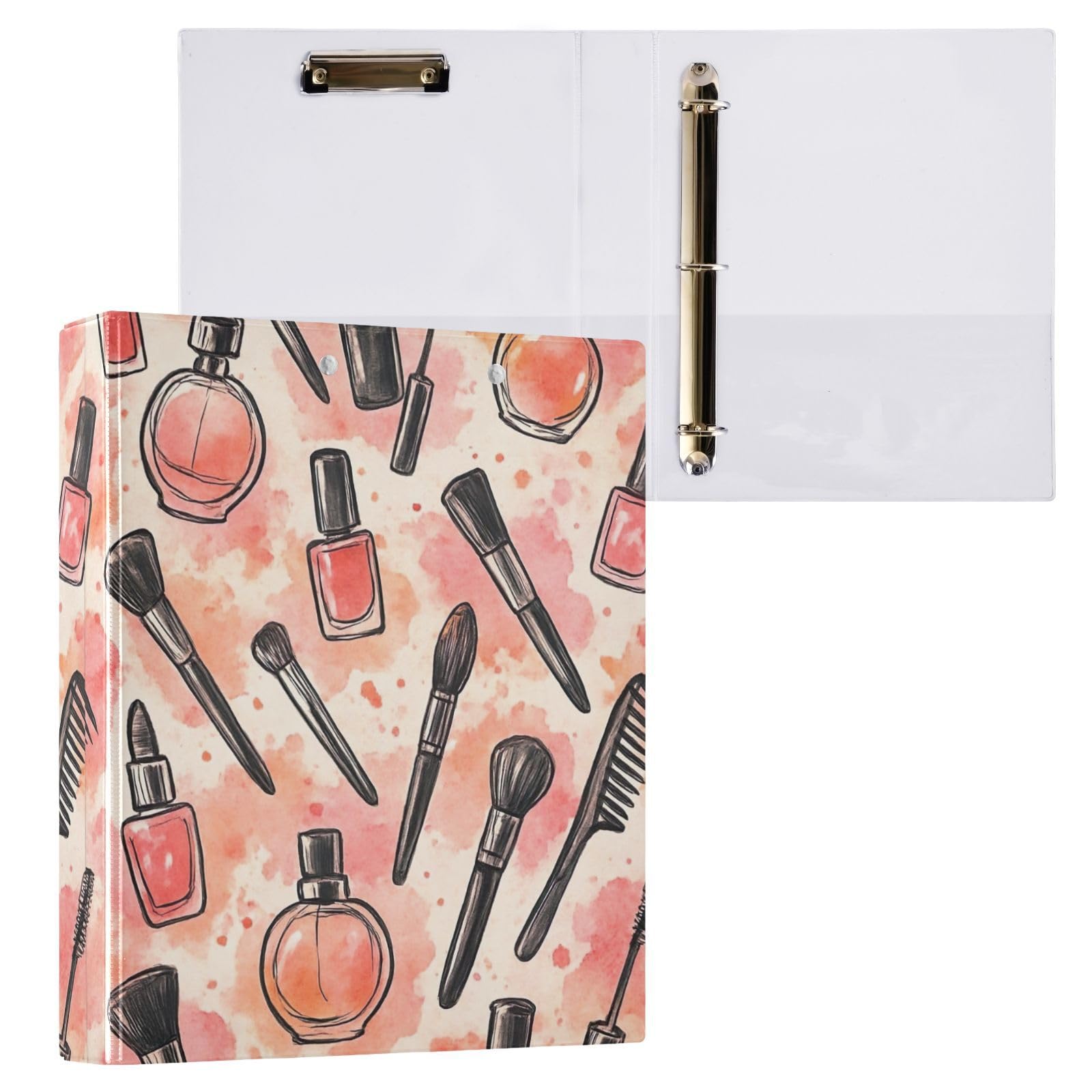 Carpeta de 3 anillas, acuarela rosa, naranja, negro, carpeta de anillos en D, paquete de 2 | Con portapapeles y bolsillos, para escuela, universidad, oficina