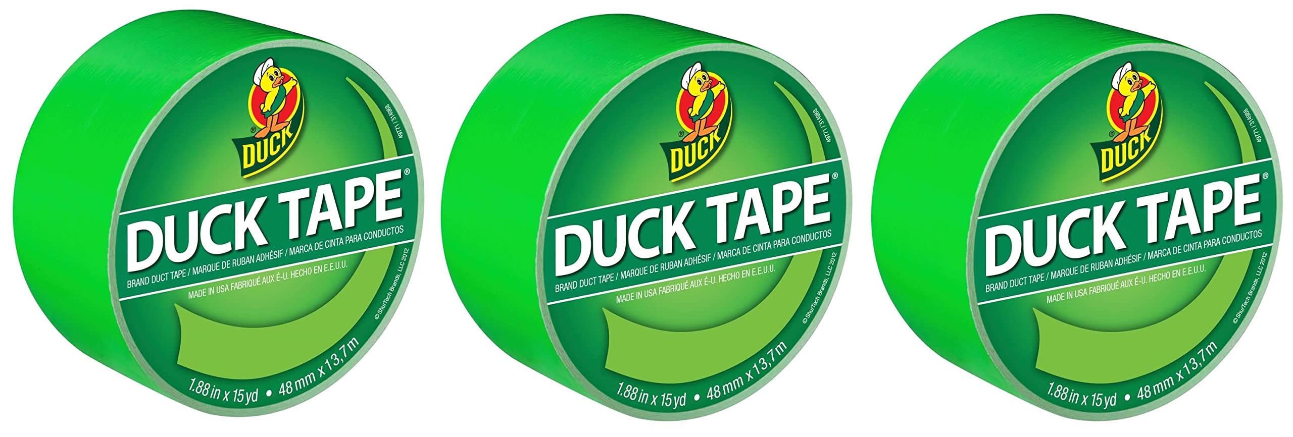 Duck Brand 1265018 Color Duct Tape Neon Lime Green, 1.88 Inches x 15 Yards Each Roll, 3 Rolls