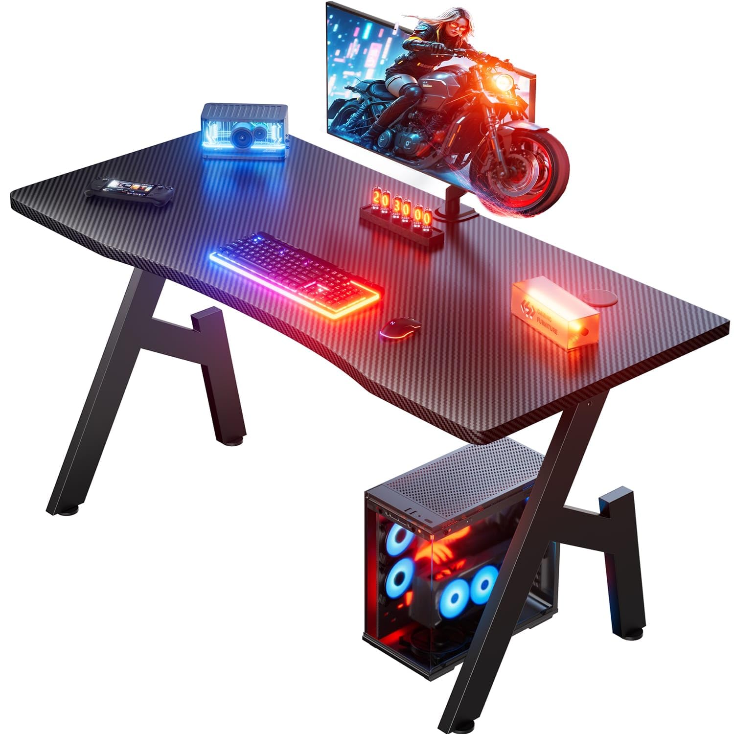 HLONONE Stół gamingowy, 100 x 50 cm, stabilny stół z powierzchnią z włókna węglowego, ergonomiczny stolik komputerowy do gier i biura, czarny | Ergonomiczne biurko komputerowe, solidna konstrukcja A, odpowiednia do wypoczynku, pracy i nauki