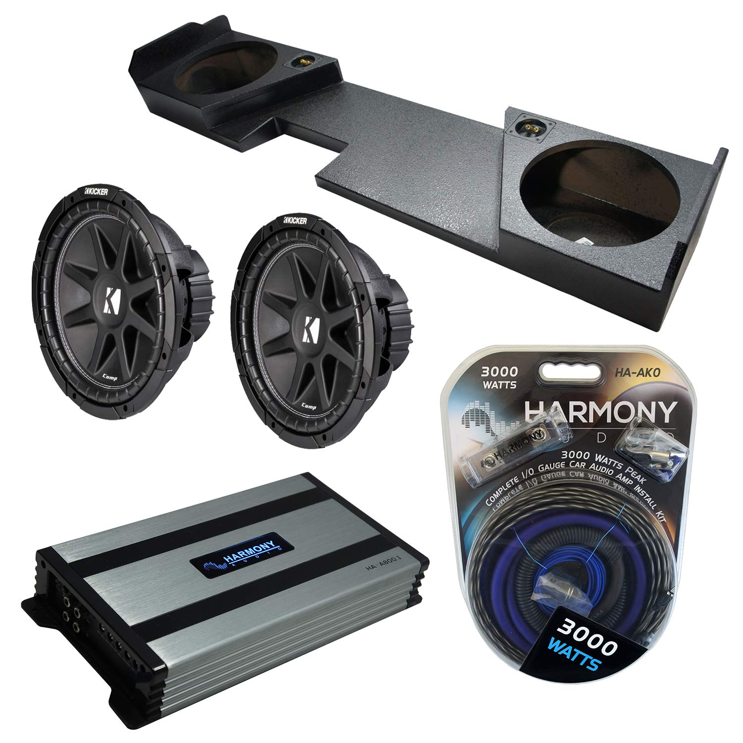 Harmony Audio Compatible with 2014-2018 Chevy Silverado Double Cab Kicker Bundle Comp C12 Dual 12 Rhino Coated Sub Box Harmony HA-A800.1 Amp