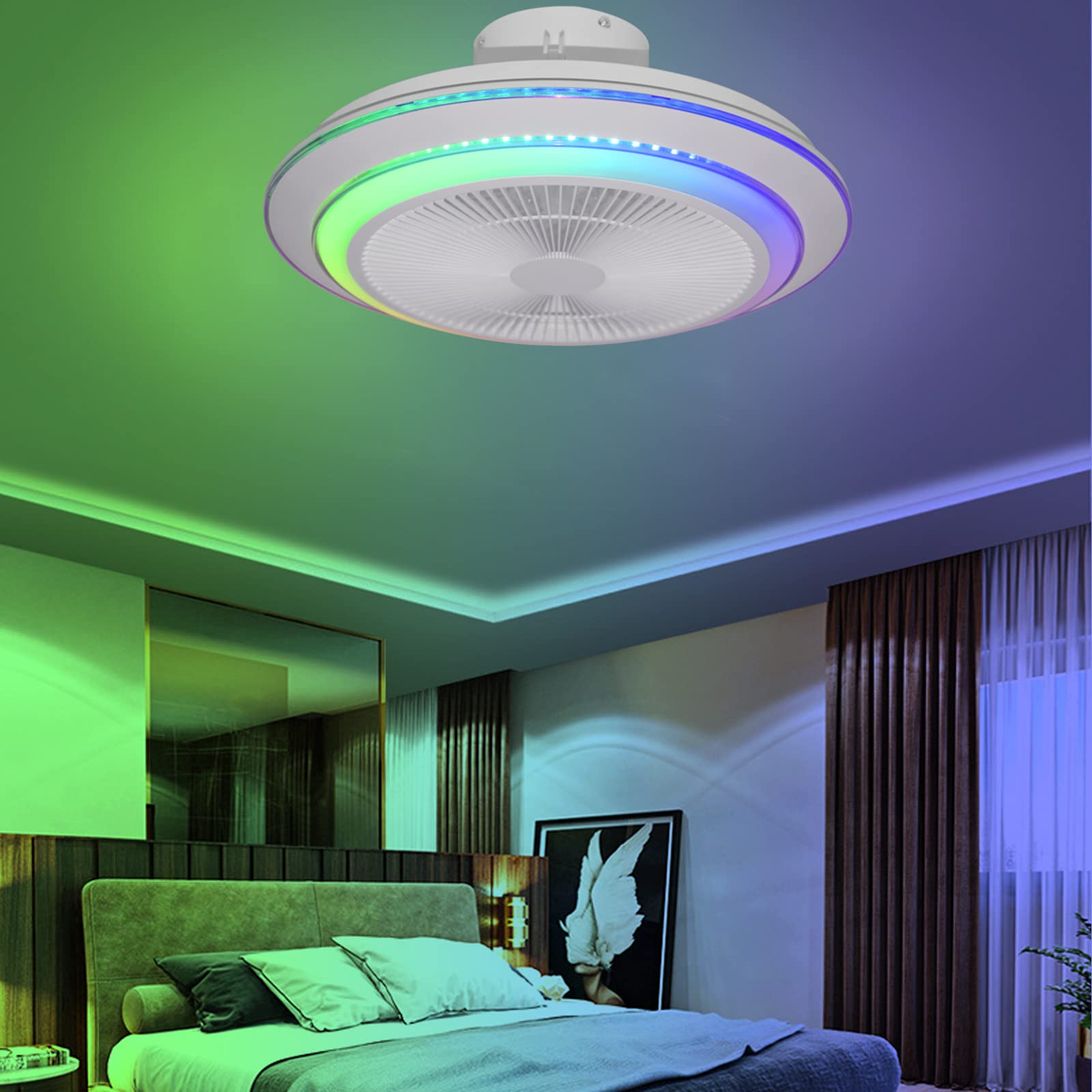 VOMI Plafoniera LED Con Ventilatore E Altoparlante Bluetooth – RGB, Telecomando E APP, 60W+36W, 46 Cm, Multicolore