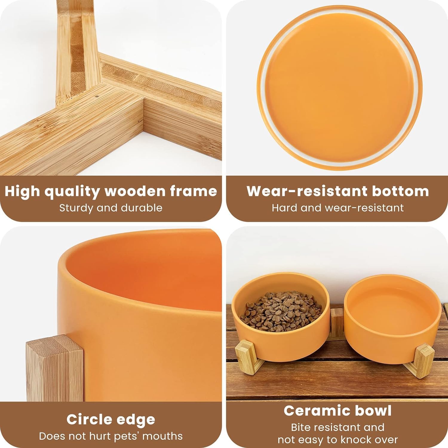 Ceramiczne podwójne miski dla małych kotów i psów, 12.8cm, 2x400ml, bambusowa podstawa antypoślizgowa, żółte