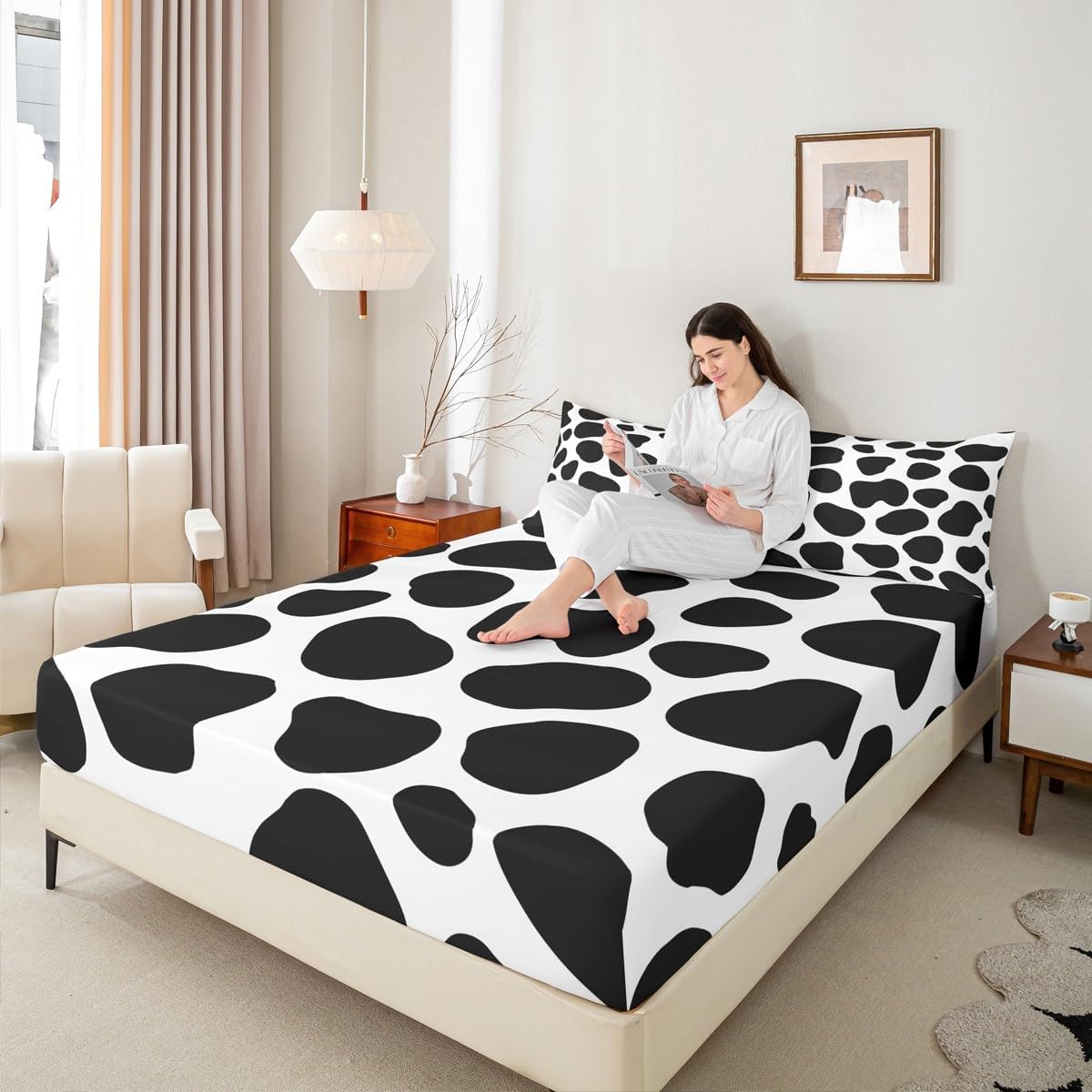 Cow Print Fitted Sheet Black White Bedding Set for Kids Teens Cartoon Milk Cow Bed Sheet Set Animal Farmhouse Bed Cover Room Decor 3Pcs with 2 Pillow Case Queen Size