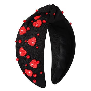 boderier Valentines Day Headband Red Pink Heart Headband Jeweled Crystal Knotted Headbands Valentines Lover Party Hair Accessory Black-Red Heart