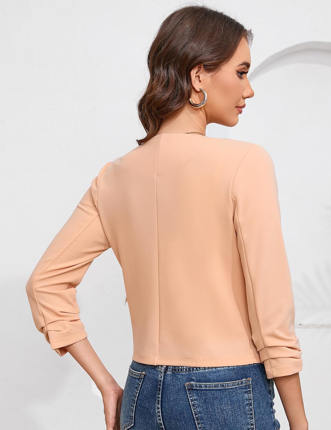 Women’s Open Front Crop Blazer 3/4 Ruched Sleeve Slim Fit Solid Jacket Lightweight Cardigan