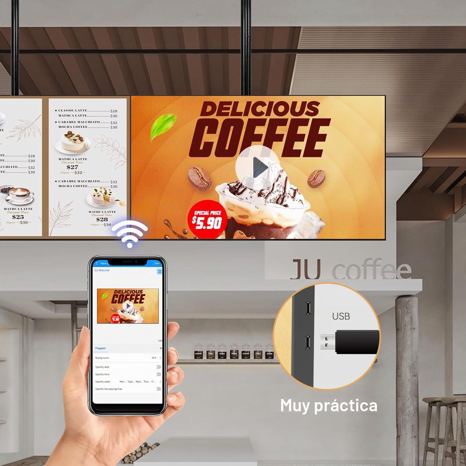 Pantalla Digital Signage 43 Pulgadas 4K UHD, Pantalla Publicitaria Digital de 1000 Nits, Menú Digital Electrónico para Restaurantes, Tiendas y Negocios, Display Comercial con HDMI/WiFi, Negro