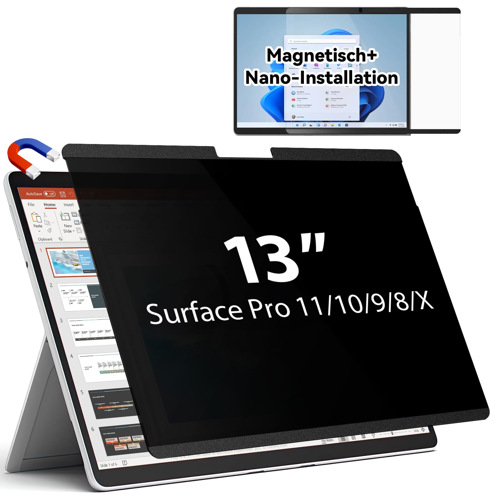 IPROKKO Filtro de privacidad magnético para Microsoft Surface Pro 9/8/X de -13 pulgadas, extraíble, antiespía, luz azul, protector de privacidad, filtro de privacidad