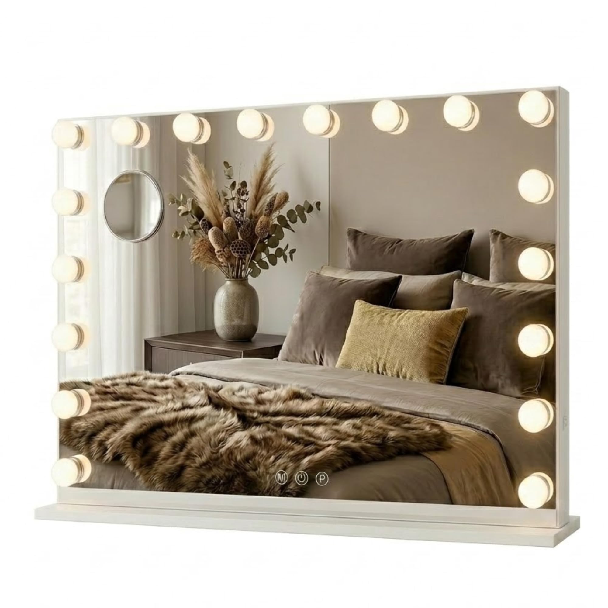 Bayt Espejo Maquillaje con Luz 80 x 60 cm, Espejo Tocador Hollywood con 18 Bombillas, Espejo con Aumento 10x, Luz Regulable