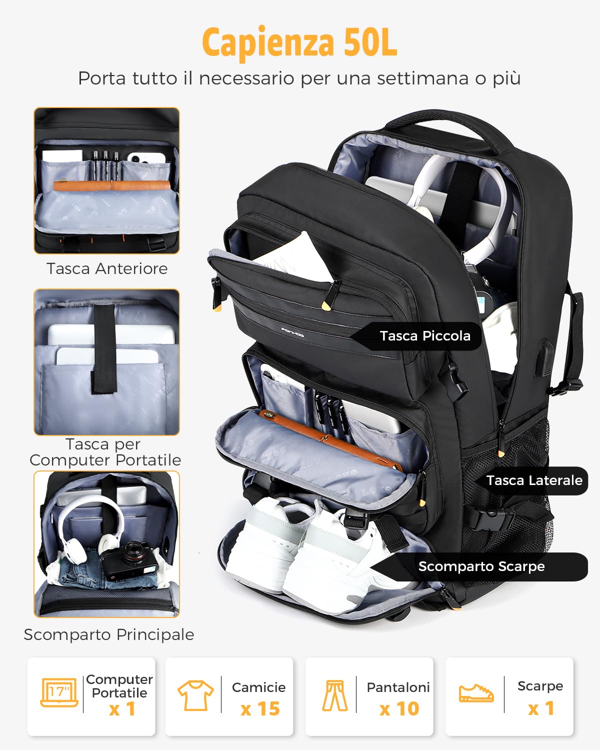 Ponhog Mochila de Viaje Grande 50L, Mochila Viaje Impermeable para Portátil 17,3, Travel Backpack para Excursión y Acampada, Negro