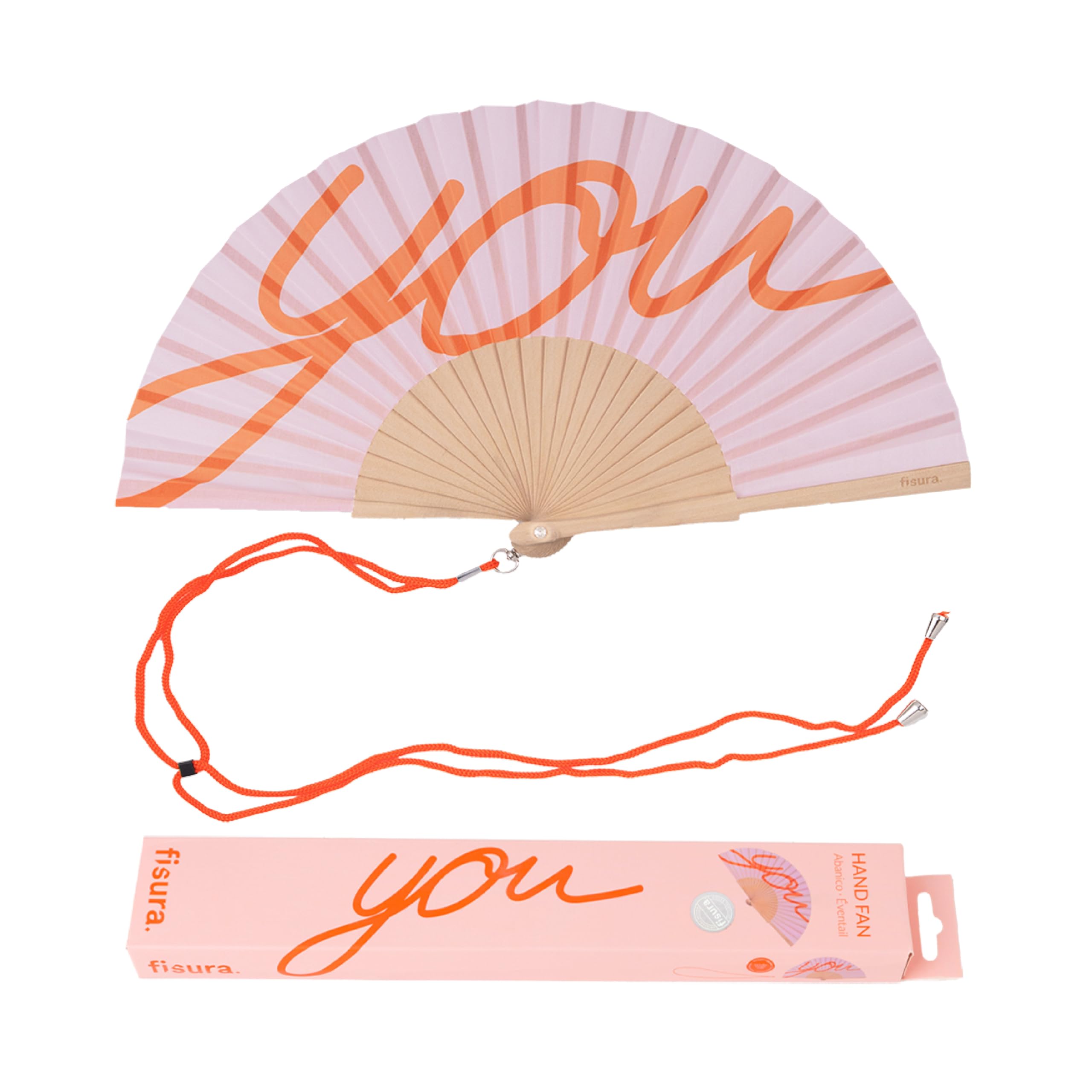 Fisura – Original Folding Handheld Fan with Fun Message you, Wooden Folding Fan for women, Orange Design with Hanger for Wedding, rave, festival - Size: 42.5 x 23 cm