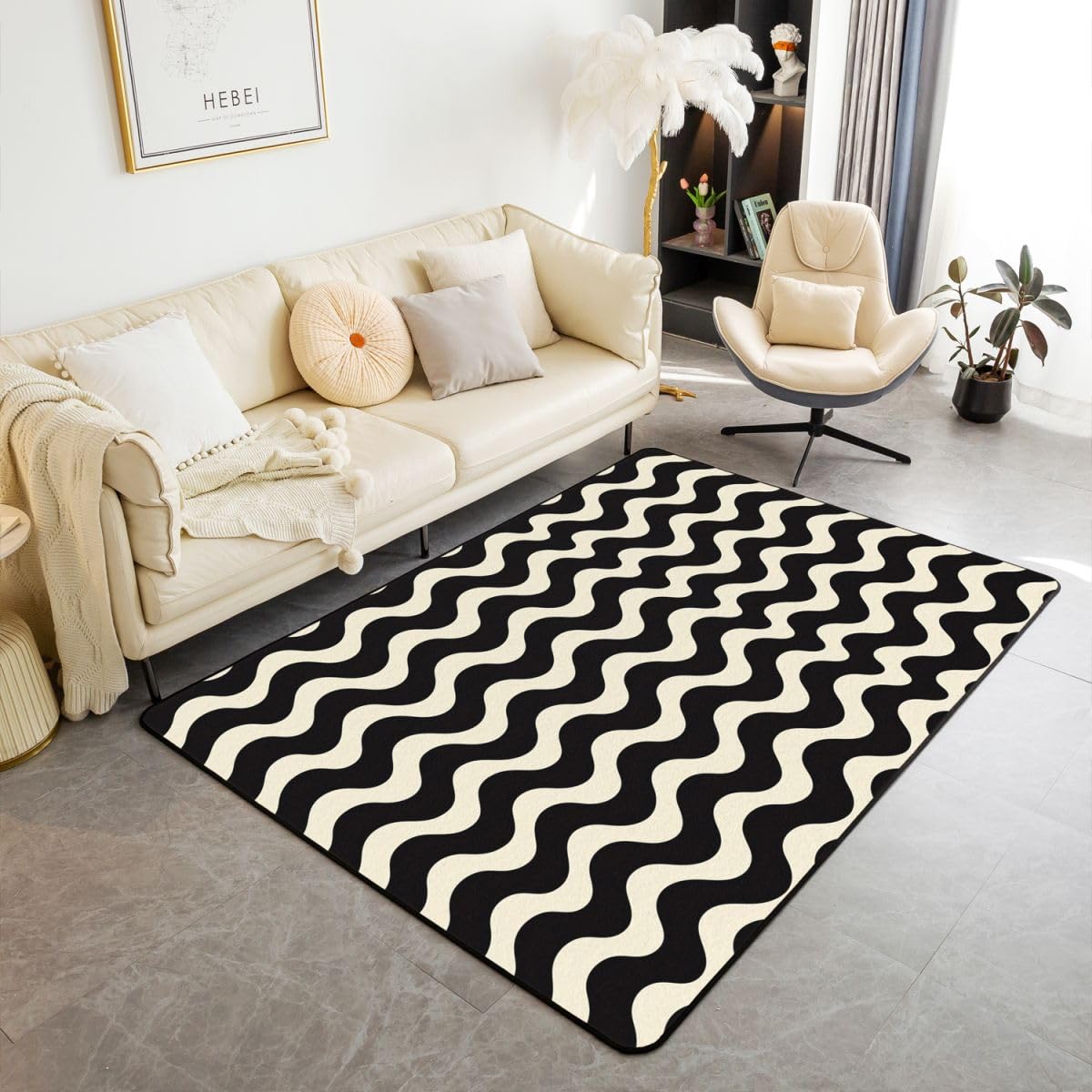 Tapis Salon 150x200cm Vague Rayures Tapis D Intérieur Et D Extérieur Noir Blanc Doux Antidérapant Moderne Géométrique pour Salon Et Chambre Art Rayé Modernee Lavable Luxe