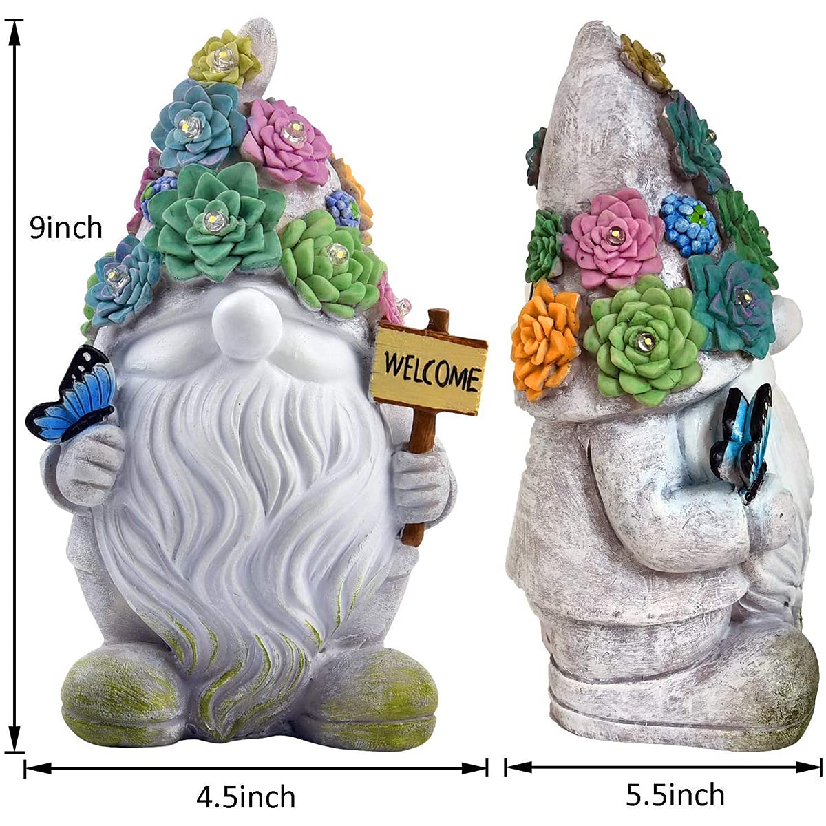 Estatuas De Resina De Gnomos De Jardín, Figura Esculturas De Gnomo De Jardín con 10 Luces LED Solares para Decoración De Césped De Patio Regalo De Adorno, 4.5 X 5.5 X 9