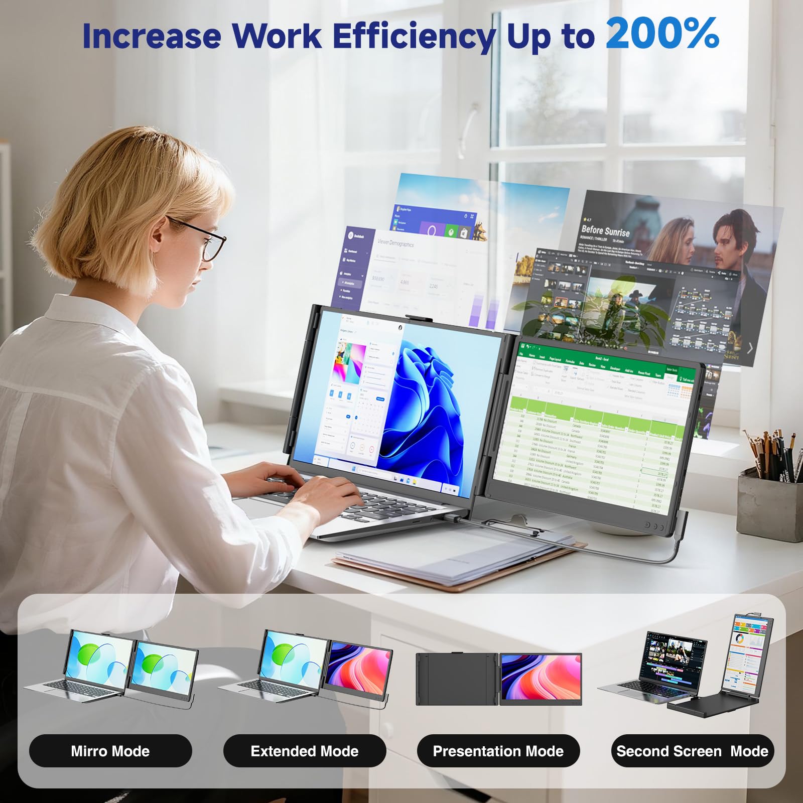 siaviala Monitor Portatile, 14” FHD 1080P IPS Doppio Schermo PC Portatile, Schermo Portatile per Laptops 13-17.3", Plug & Play Dual Schermate per Windows/Mac/Android/PS5 con porta USB C/HDMI