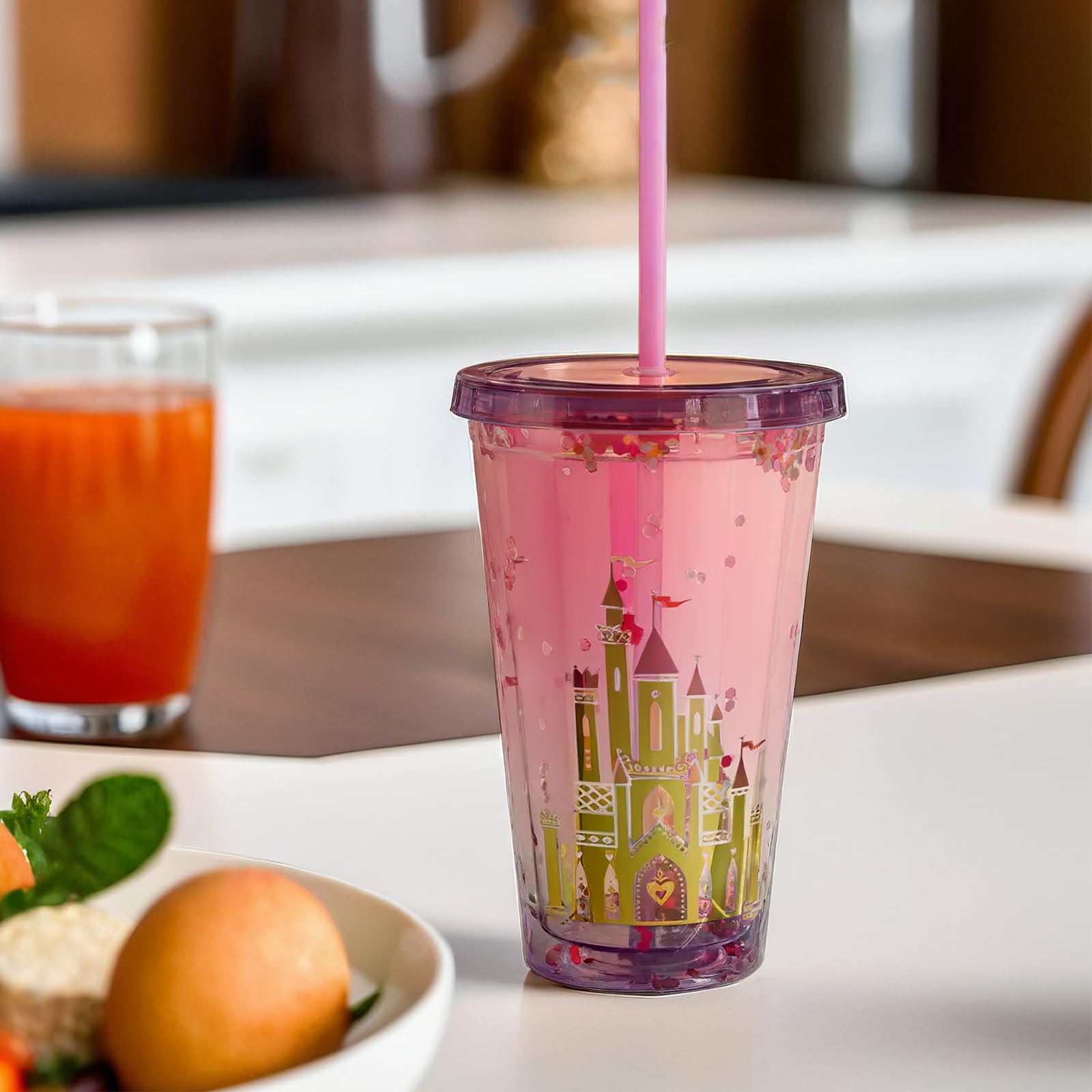 Disney Princess Glitter Confetti Plastic Party Cup with Straw & Lid - 16 oz. | Clear | 1 Pc.