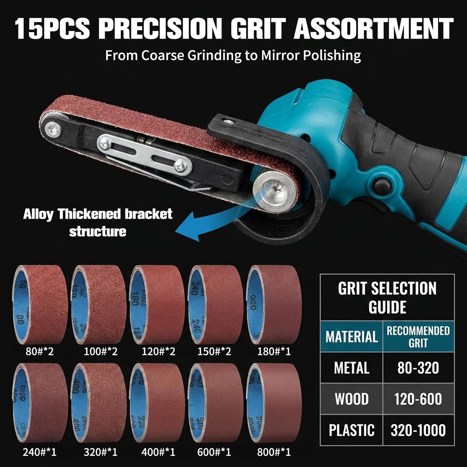 Ponceuse à bande électrique sans fil 7000 tr/min, avec 15 bandes abrasives (grains 80-1000) et 2 batteries au lithium de 16,8 V, pour le travail des métaux, le travail du bois et les surfaces courbes