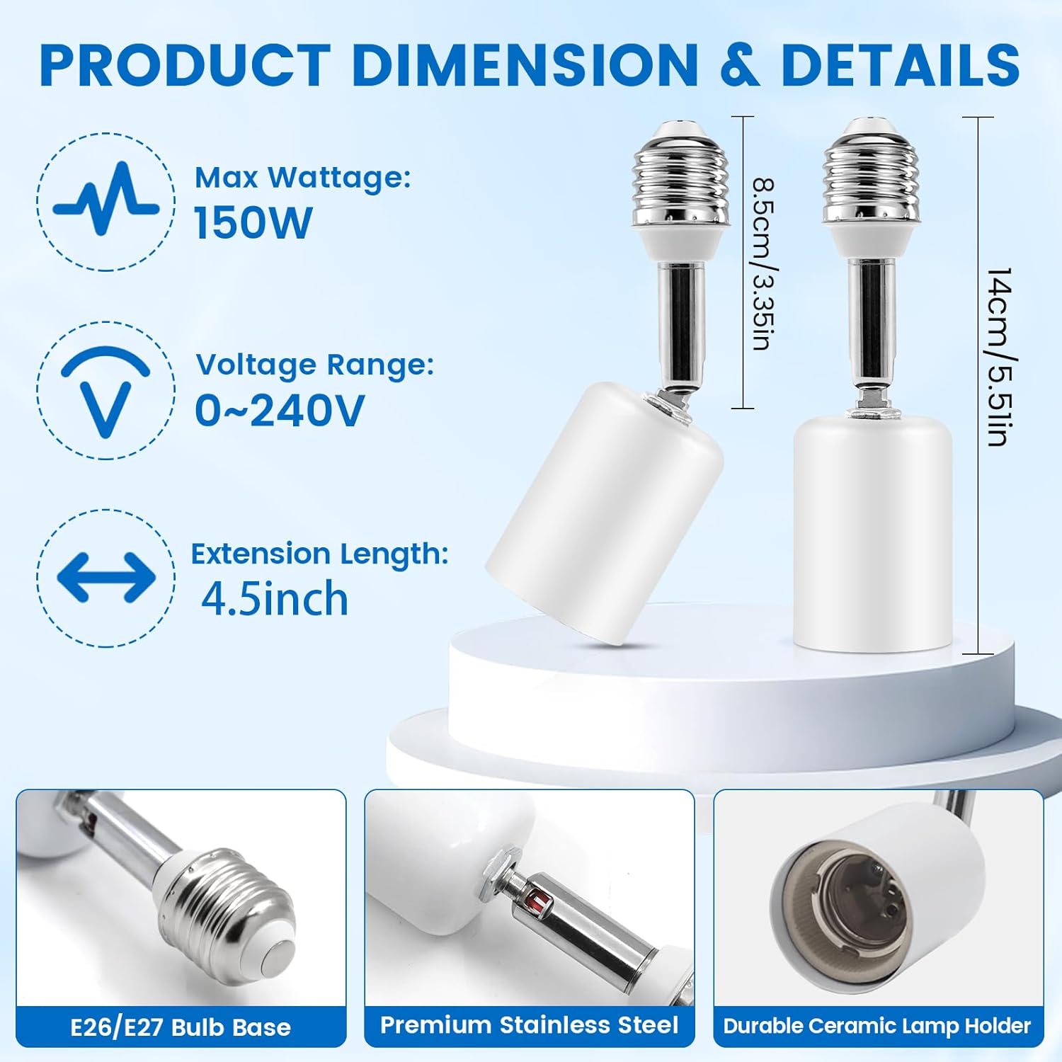 Ceramic Light Bulb Socket Extender, Heat-Resistant E26/E27 Light Socket Adapter with 4.5 Inch Extension for Camera, Lamp, Vertical 180° & Horizontal 360° Adjustable, Max150W (4, White)