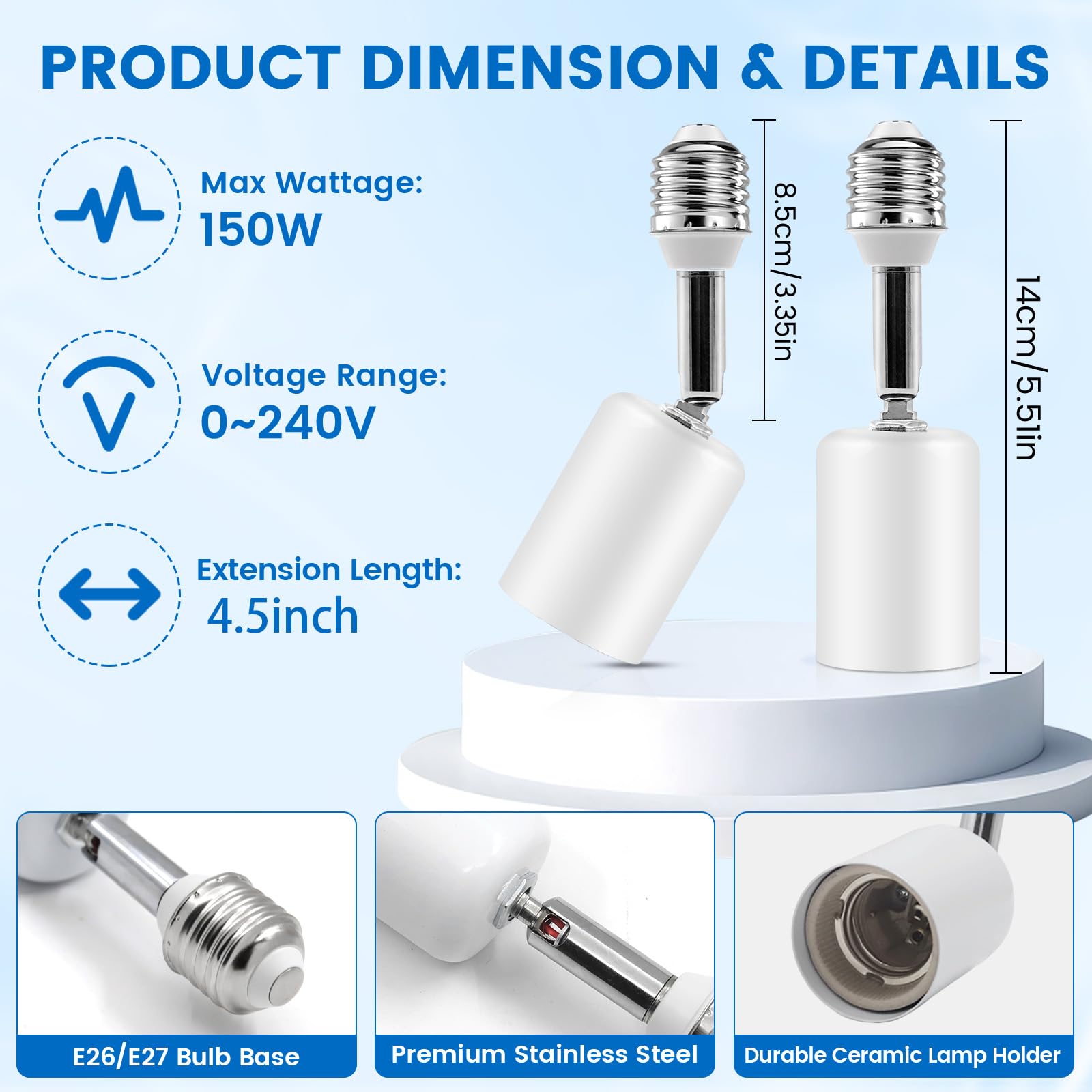 Ceramic Light Bulb Socket Extender, Heat-Resistant E26/E27 Light Socket Adapter with 4.5 Inch Extension for Camera Lamp - Image 2
