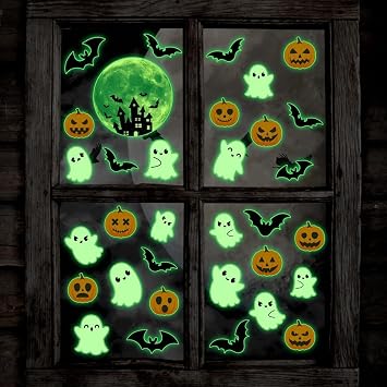 3 Sheets Glow in The Dark Halloween Window Clings Luminous Halloween Window Stickers Pumpkin Ghost Wall Decor Glowing Window Clings for Scary Halloween Theme Party Decorations