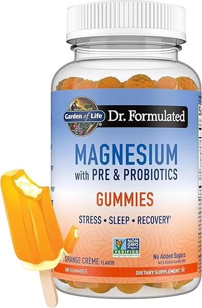 Garden of Life Magnesium Citrate Supplement Gummies with Prebiotics & Probiotics for Stress, Sleep & Recovery - Vegan, Gluten Free, Kosher, Non-GMO, No Added Sugars, Orange Cream Flavor, 60 
