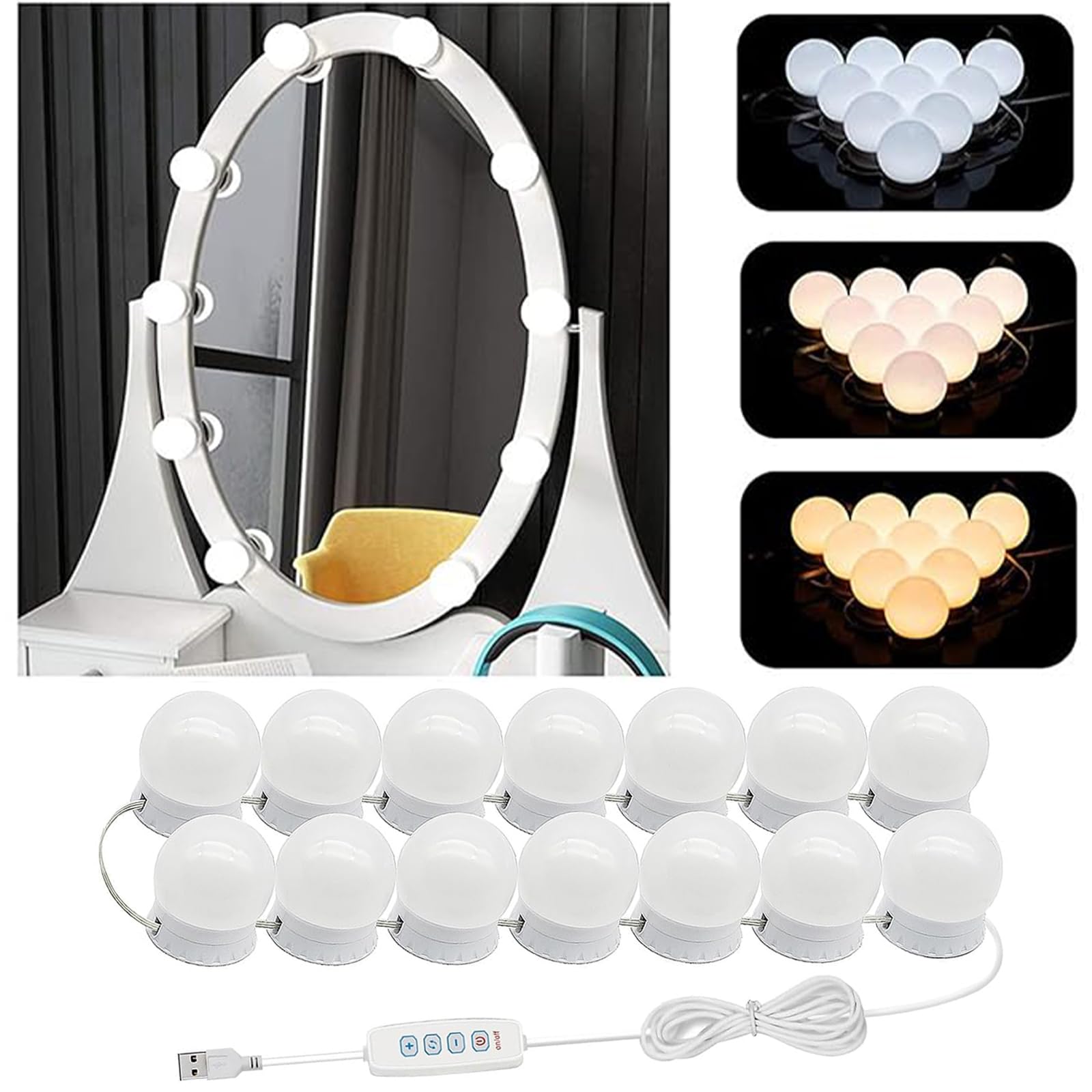Layhou Luces Para Espejo De Maquillaje Led Tocador, Kit De 14 Bombillas Led Regulables, Cable Usb,3 Regulables Temperatura De Color, 10 Niveles De Brillo, Para Tocador Baño