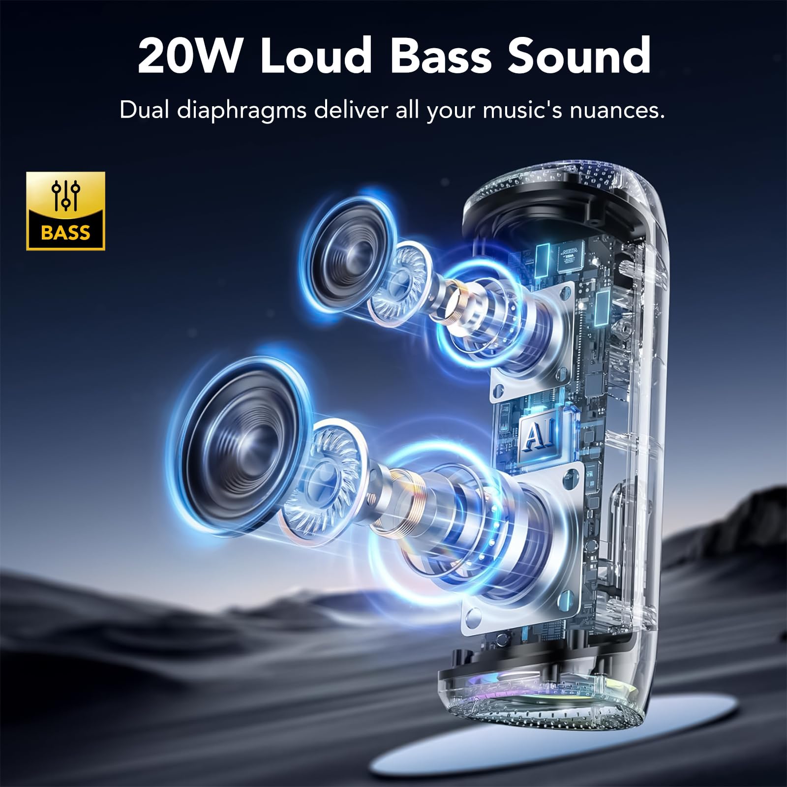 Cassa Bluetooth 5.4 Potente 20W, Doppio Driver Basso, 20H Autonomia, Casse Bluetooth Portatile con 2 EQ Modalità+Display Digitale, 7 RGB, TF, Accoppiamento TWS, Altoparlante Bluetooth da Esterno Feste