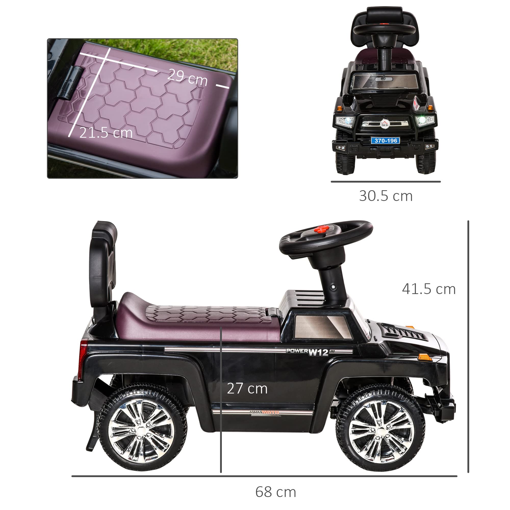HOMCOM Macchina Giocattolo Cavalcabile Fuoristrada per Bambini, Macchina Bambini con Fari e Musiche, Età 18-36 Mesi, 68x30.5x41.5cm, Nero