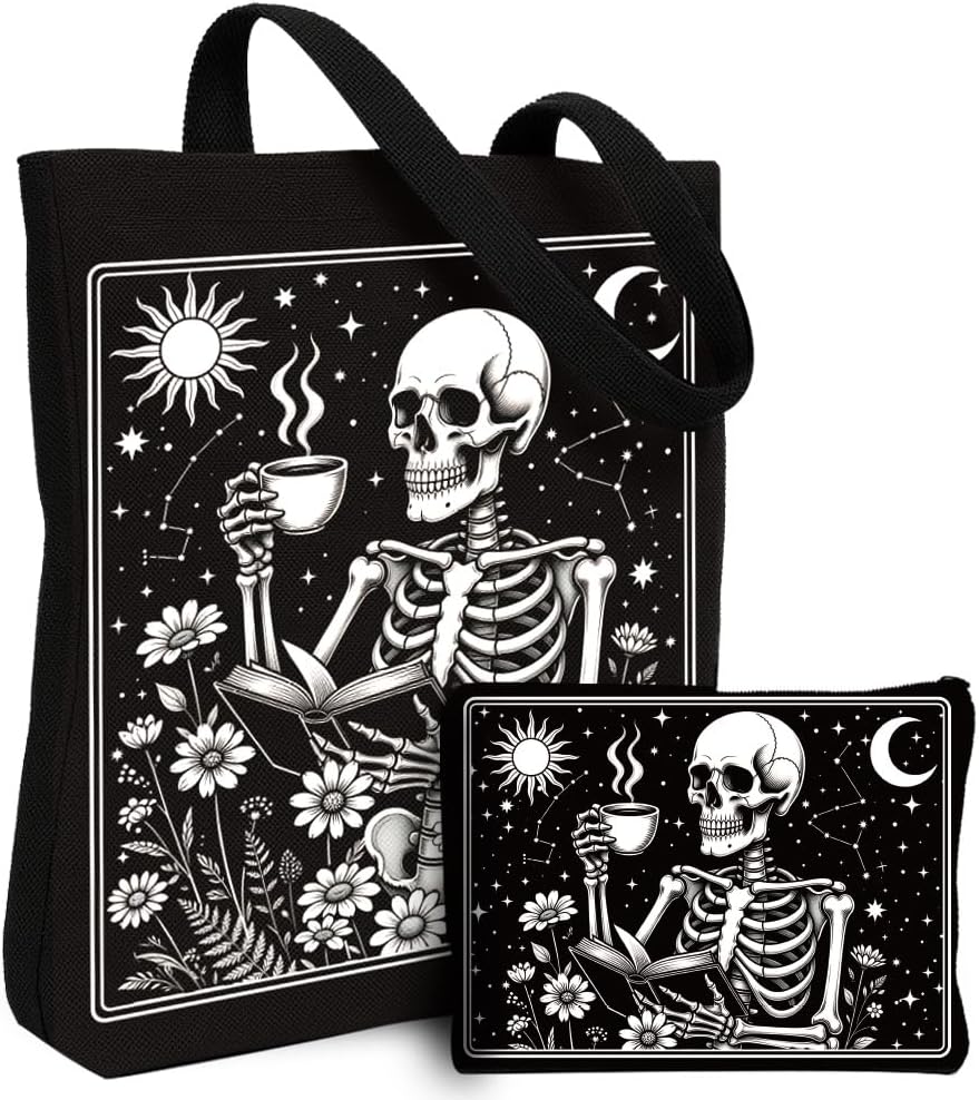 2 Pack Canvas Tote Bag with Makeup Pouch Bookshelves and Cats Tote Bag Cosmetic Pouch with Zipper Aesthetic Cute Canvas Bags for Women Shoulder Totes for Shopping Work Gym