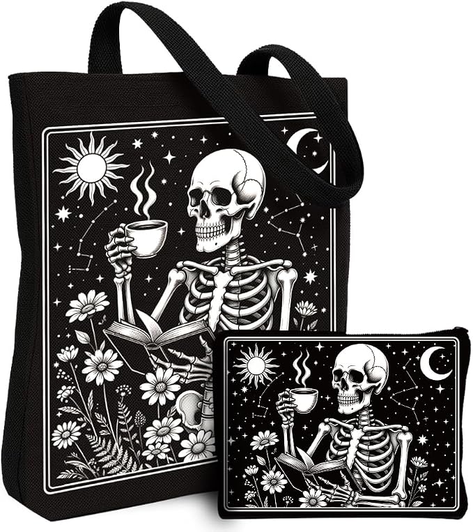 2 Pack Canvas Tote Bag with Makeup Pouch Coffee Skull Tote Bag for Women Cosmetic Pouch with Zipper Aesthetic Canvas Bag Reusable Shoulder Totes for Shopping Work Daily Vacation