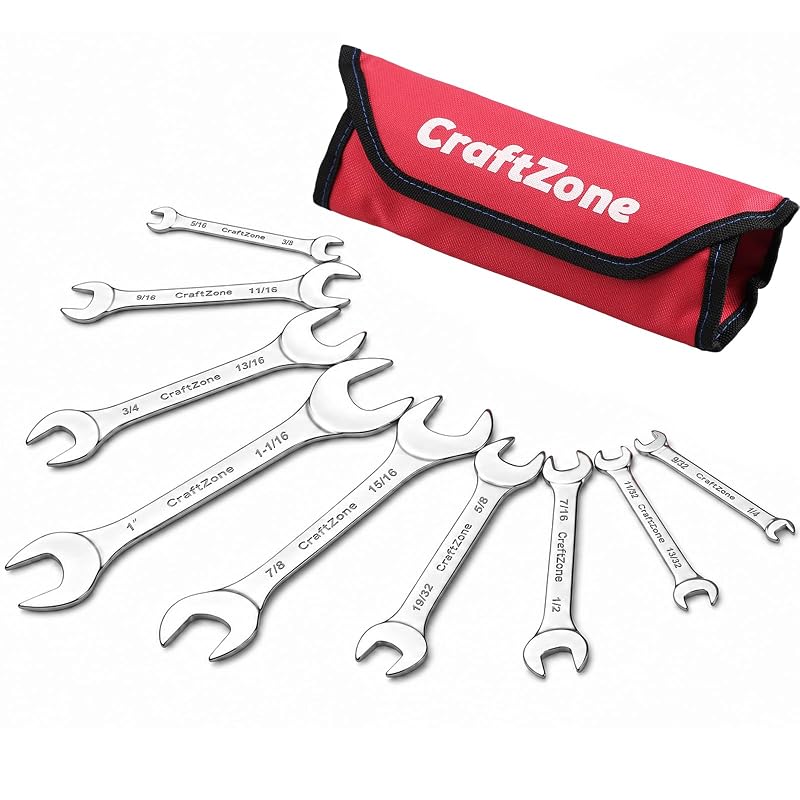 Kit de 9 chaves de boca ultrafinas CRAFTZONE SAE, aço-carbono, prata e vermelho