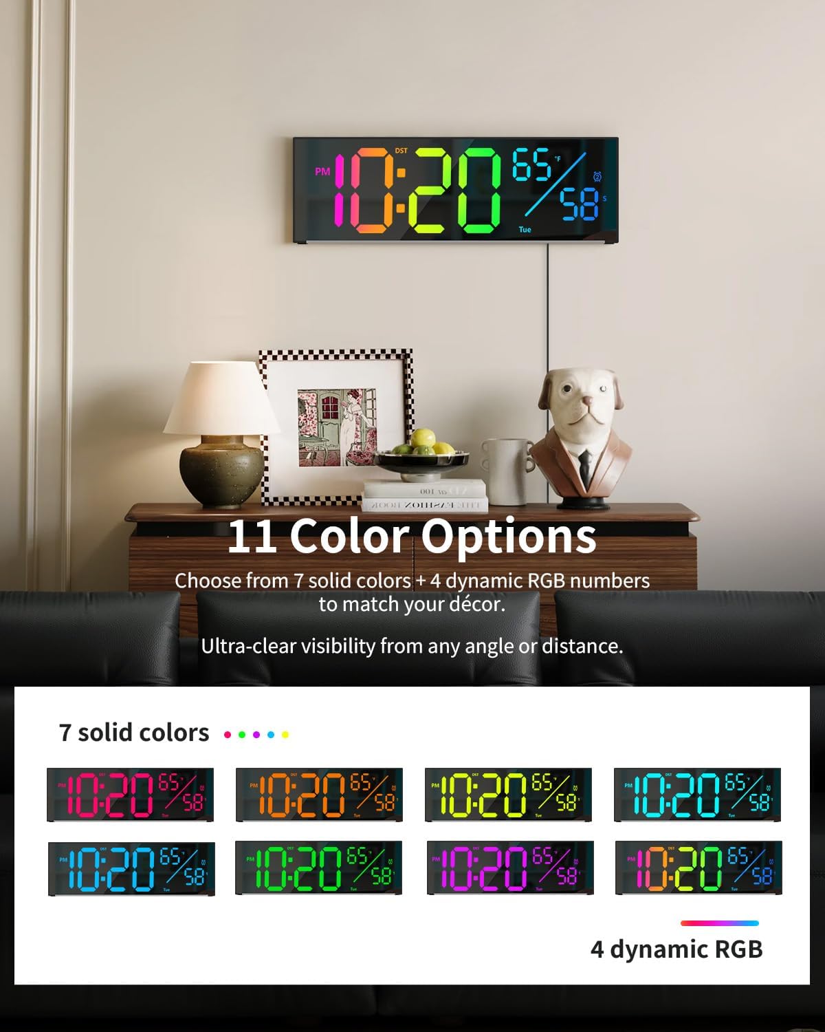 Digital Wall Clock, Large Display Digital Clock with 11 RGB Colors, Wall Clock with Night Light, Alarm Clock, Date, Week, Temp, DST for Living Room, Bedroom, Classroom Decor, Gift for Senior Mom Dad