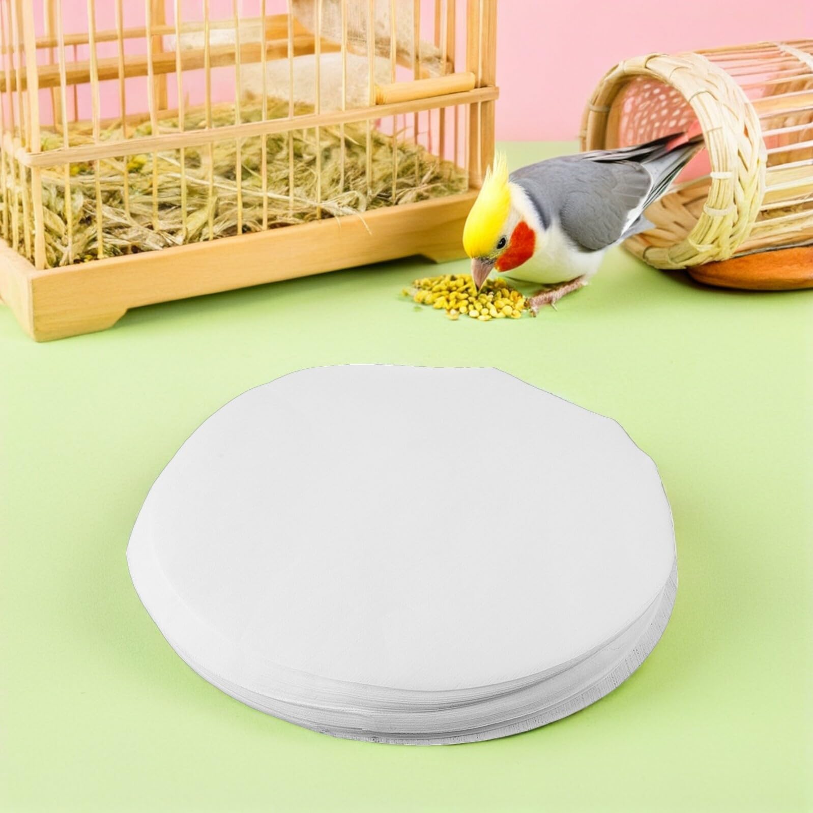 Gatuida 100 Piezas Revestimiento Absorbente para Jaulas de Pájaros Loros 34x34 Cm, Forro Desechable y Antihumedad para Bandeja, Accesorio Higiene Mascotas Interior