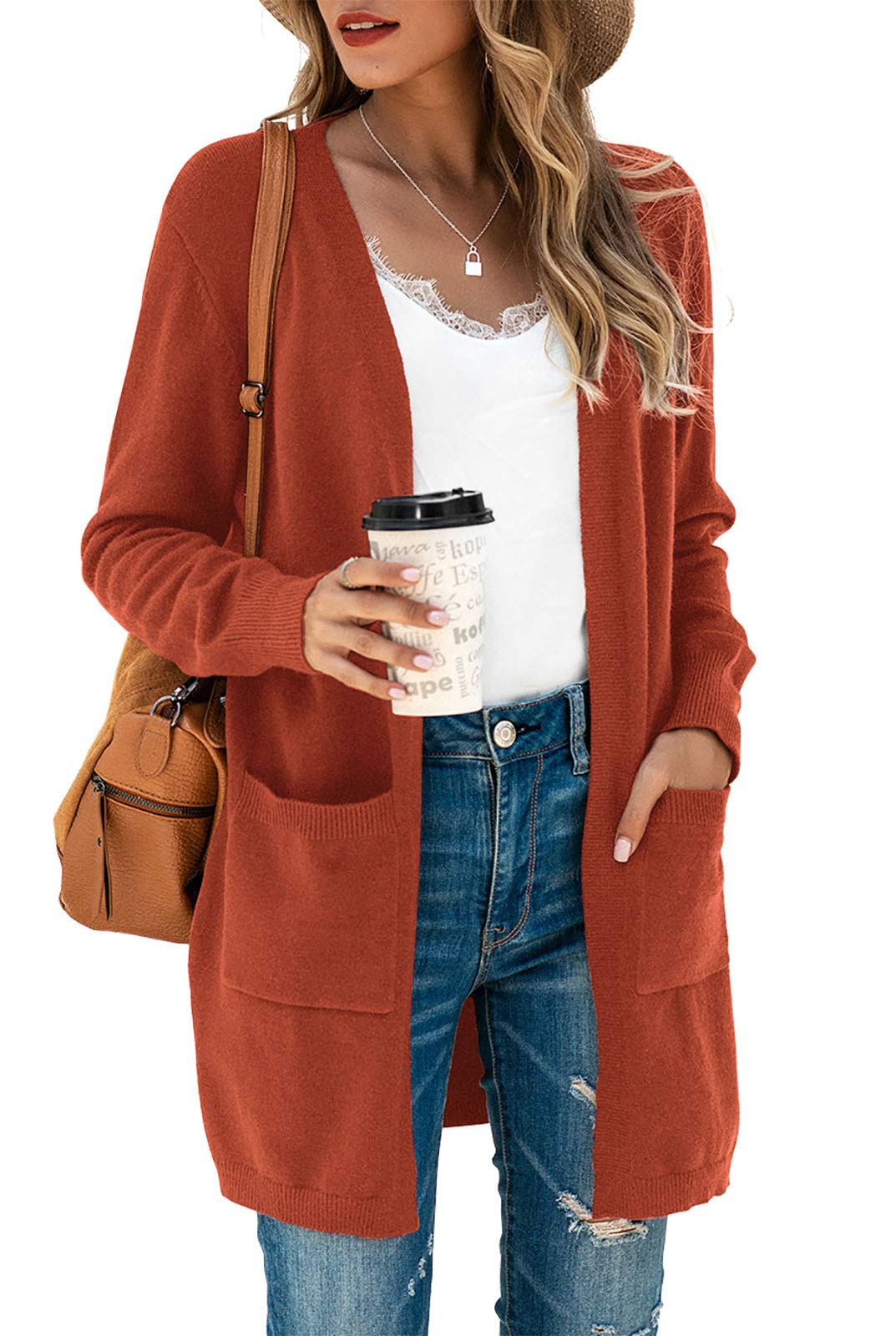 TASAMO Women's Kimono Cardigan Long Sleeve Open Front Casual Knit Sweaters Coat Oversized Soft Outwear with Pockets