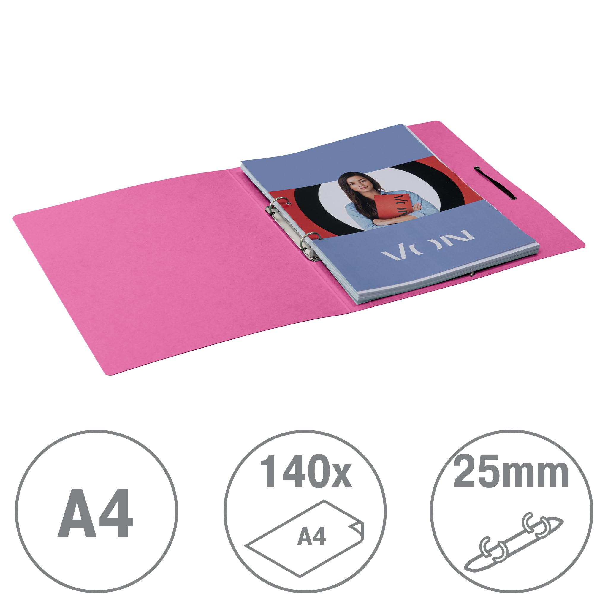 VON Leitz Ringbuch A4, Karton, Mit 2 Ringen und Gummibandverschluss, 25 mm Rückenbreite, Für 140 Blatt, Ringmechanik, Für Schule, Studium & Zuhause, 5 Stück, Fuchsia, 30120022
