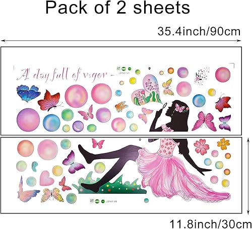 Miniatura 2 de Calcomanía de pared de burbujas sopladas con mariposa voladora colorida y flor de 42.5 x 37.4 pulgadas, papel tapiz de vinilo autoadhsivo extraíble