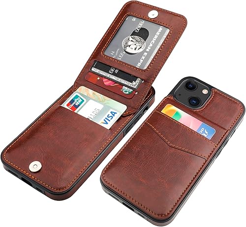 KIHUWEY Funda compatible con iPhone 13 con soporte para tarjeta de crédito, cierre magnético de cuero de alta calidad, funda protectora resistente