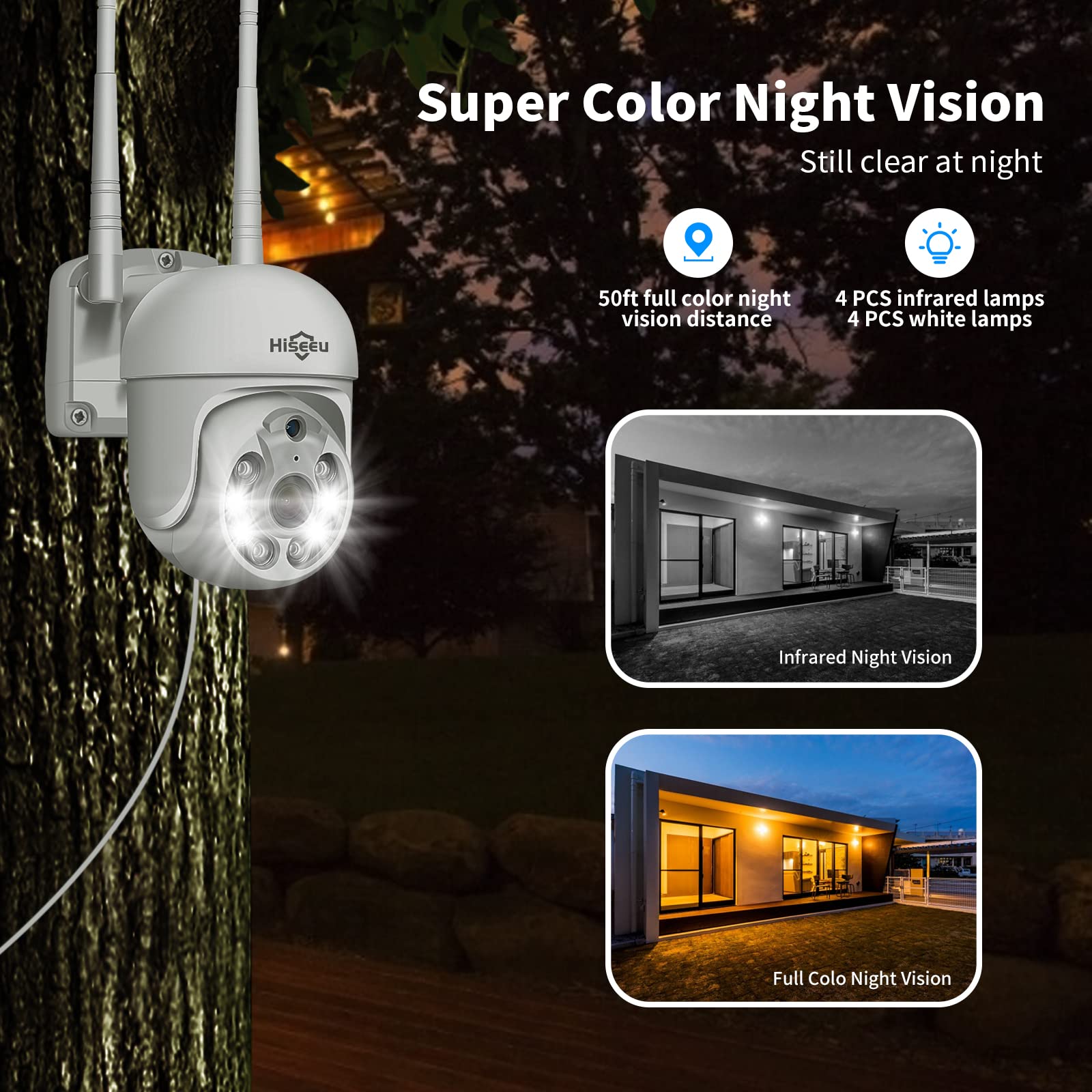 Hiseeu 5MP 3K Caméra de Surveillance WiFi Extérieure, PTZ Caméra IP Vision Nocturne Couleur Détection de Mouvements Humaine Suivi Automatique 355° 90° Audio Bidirectionnel Carte SD Étanche IP66