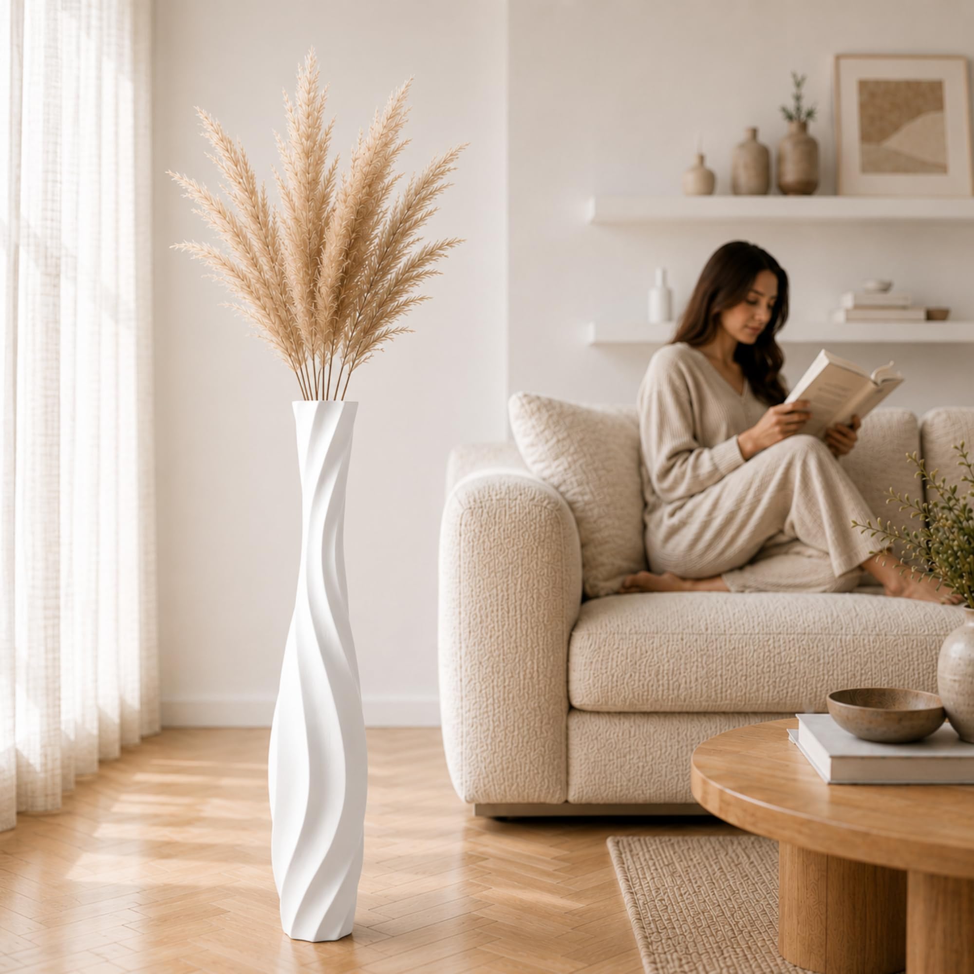 Leewadee Grande Vaso da Terra 65 cm Poliresina per Pampas & Fiori Secchi | Vaso deco per il soggiorno: impermeabile per fiori freschi, ideale per Pampas & rami, effetto ceramica ma più resistente