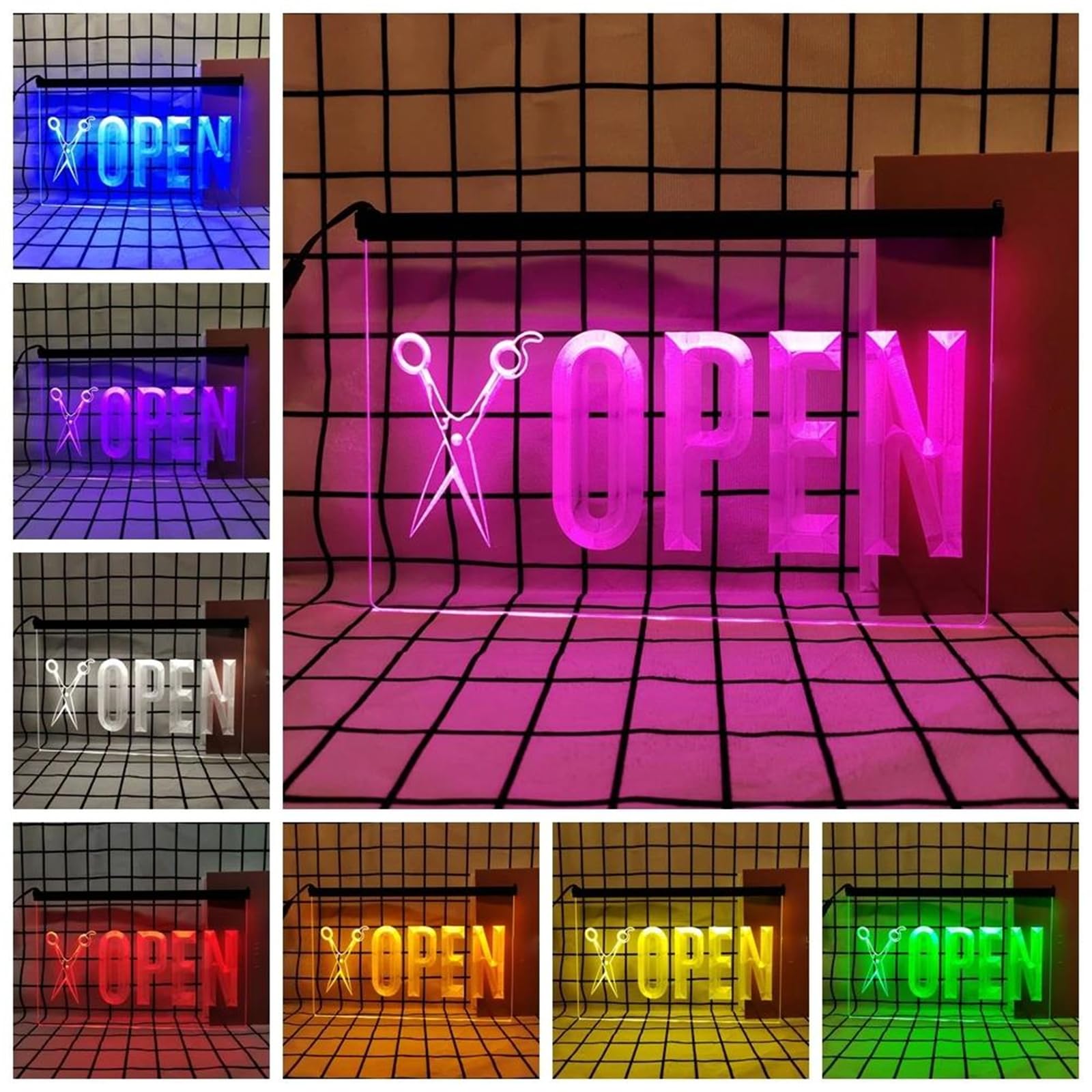 Open Scissor Neon do dekoracji ściennej, 24-przyciskowe ściemnialne diody LED RGB USB do salonu fryzjerskiego, gabinetu makijażu, studia rzęs,30x20cm