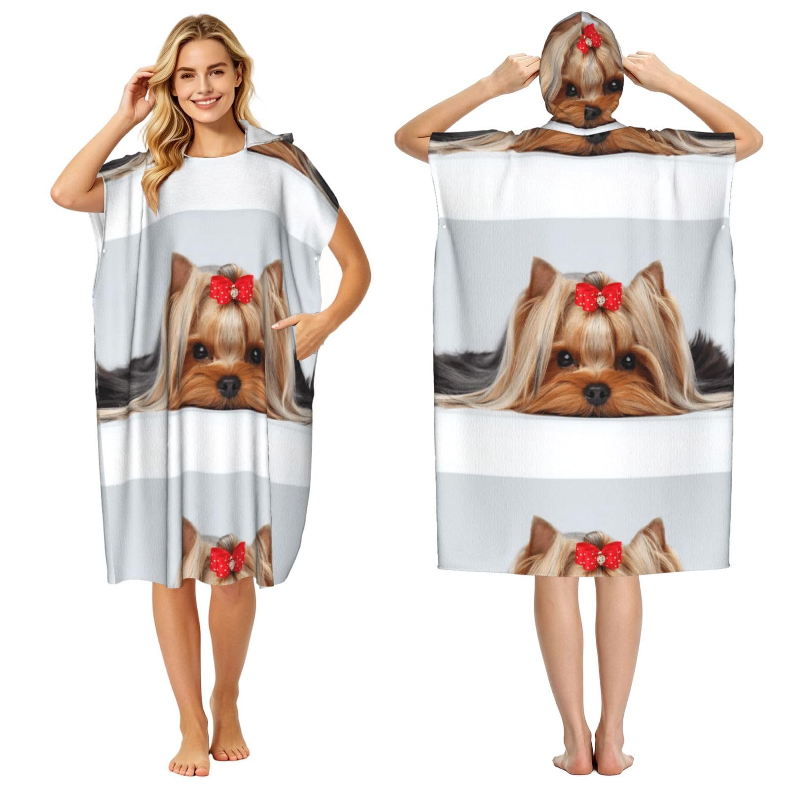 Poadnly Yorkshire Terrier, Adult Hooded Beach Towel 90 x 110 cm,Changing Bath Robe, Surf Poncho Towel For Women Men