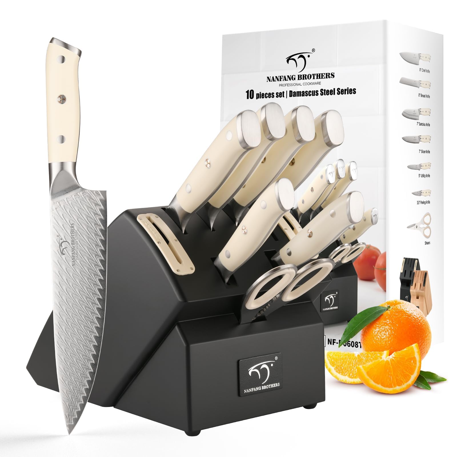 NANFANG BROTHERS Kochmesser Set 10 PCs Damaszener mit Block | VG 10-Kern Stahl, ABS Ergonomischer Griff, Disconnect-Type Messerblock, Küchenmesser Set
